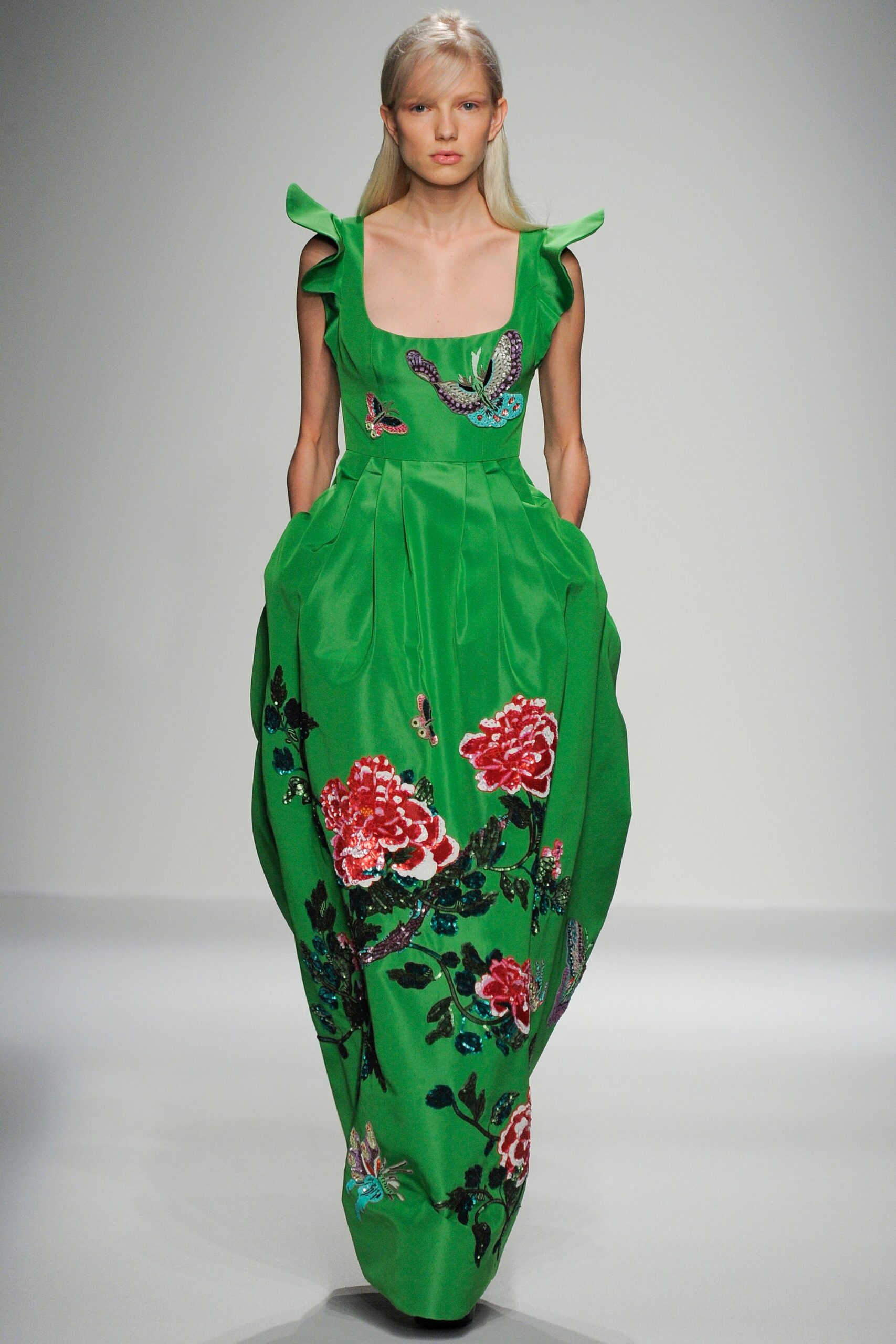 green silk embroidered dress