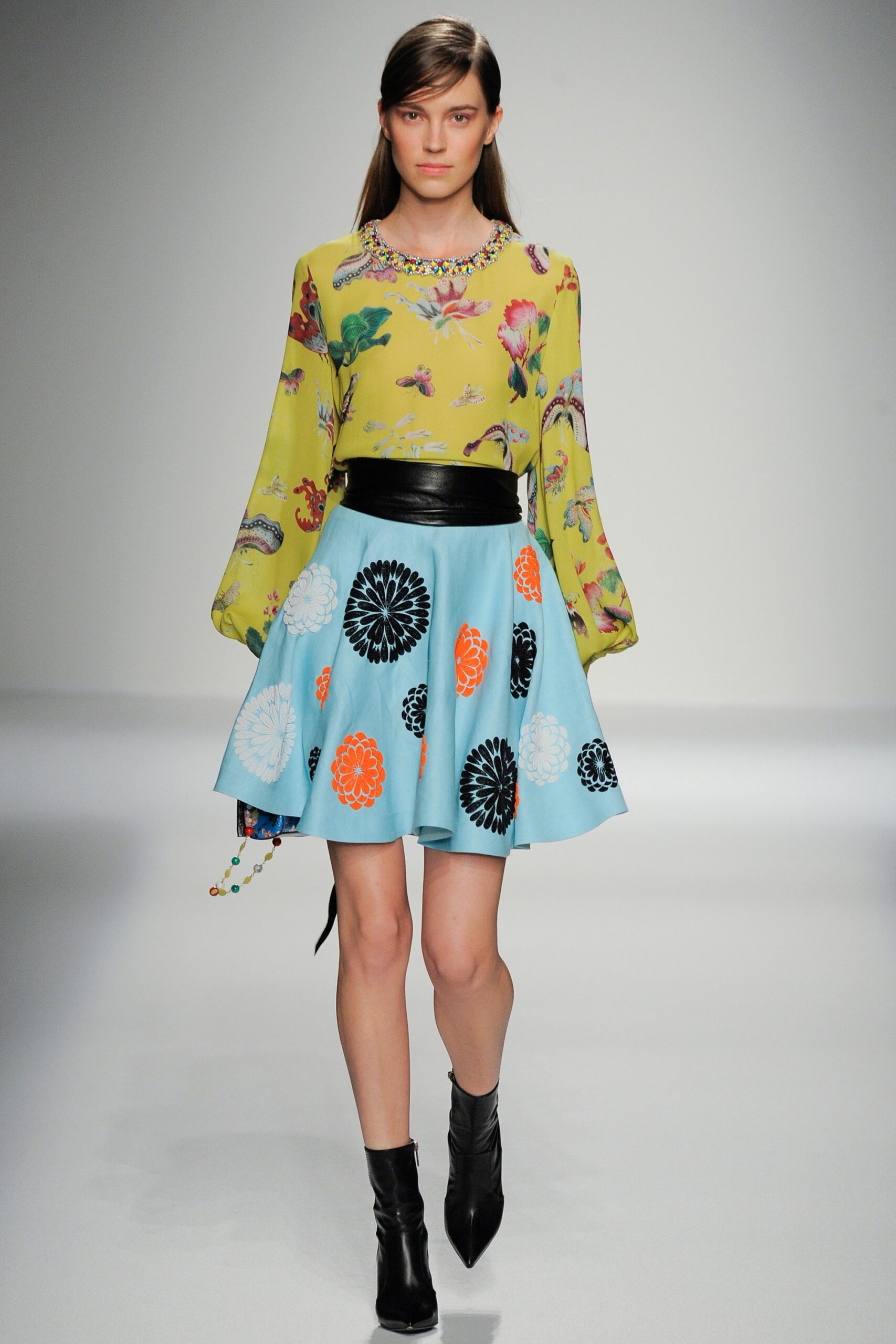 yellow silk blouse with blue skirt