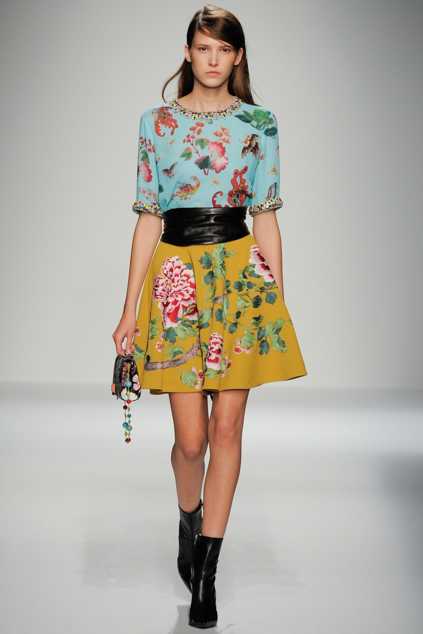 blue floral top yellow skirt