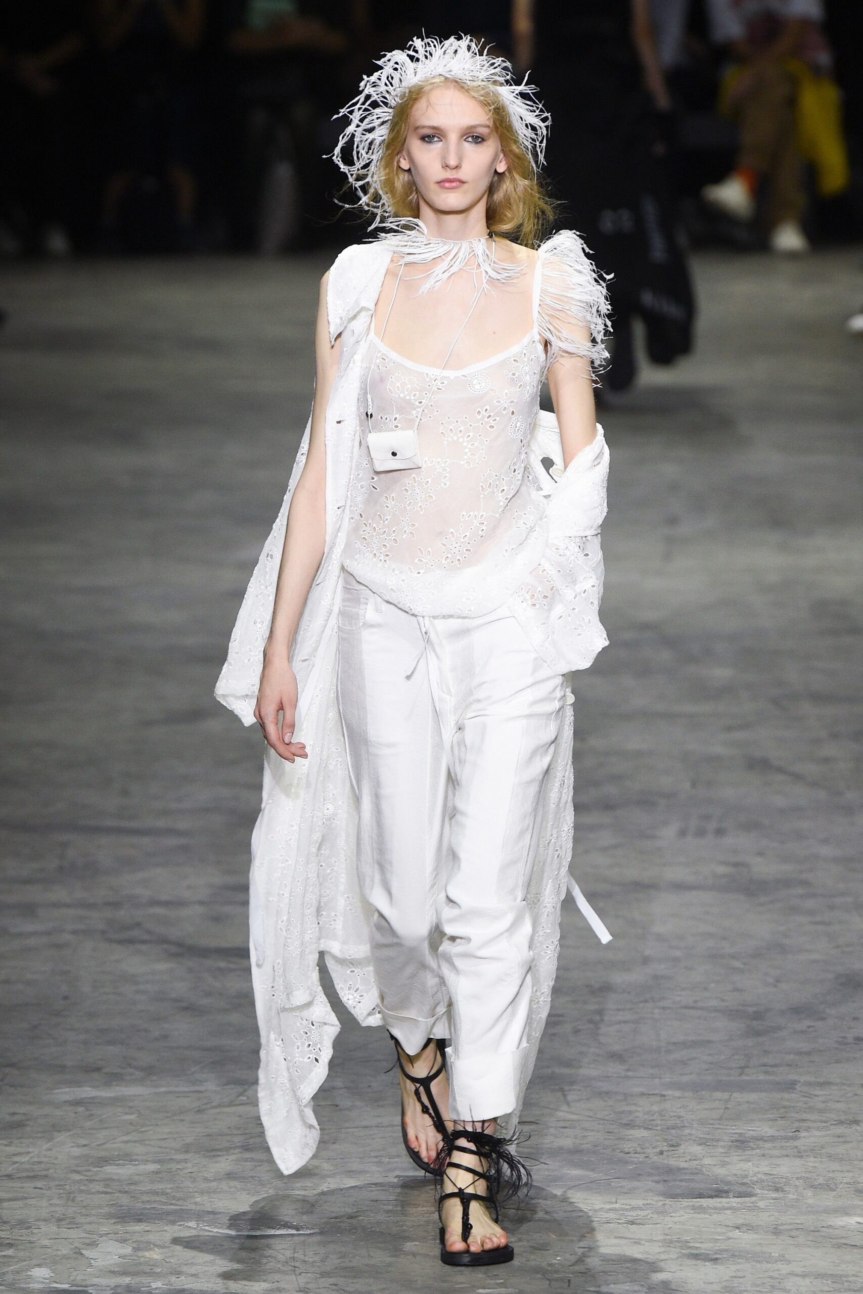 white sheer top with relaxed pants