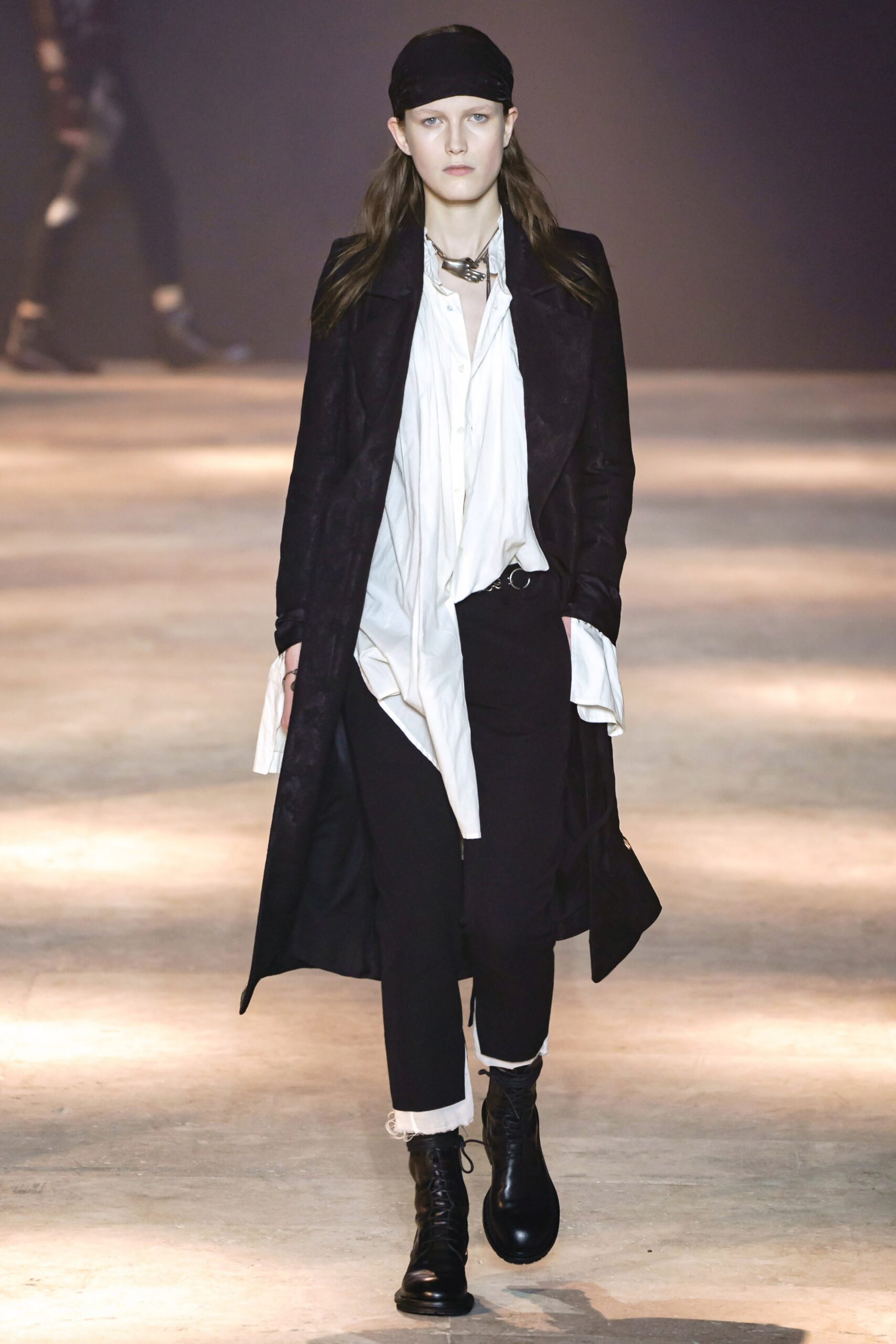 black leather long-sleeve collared fitted draped coat