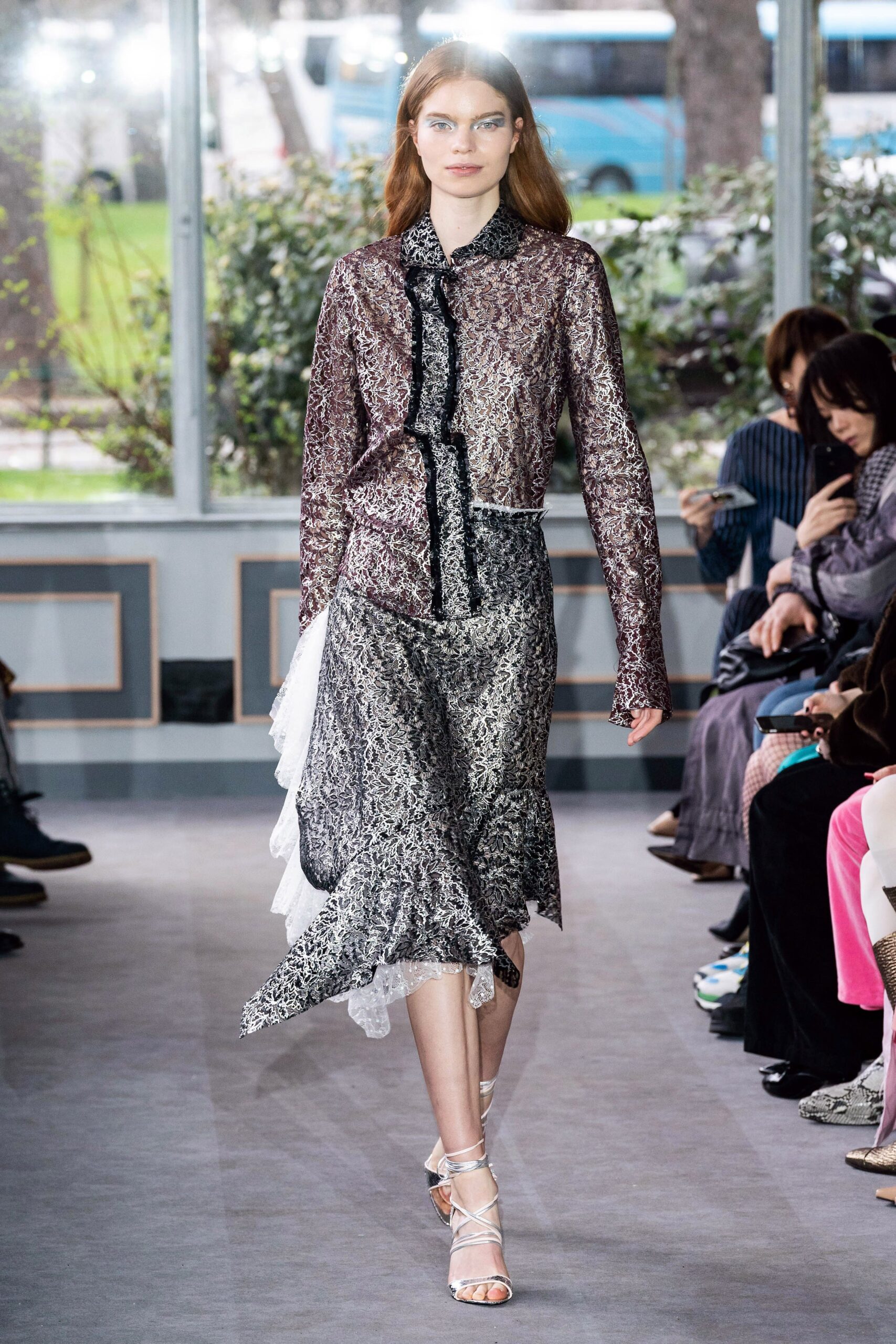 purple silk blouse with asymmetric skirt