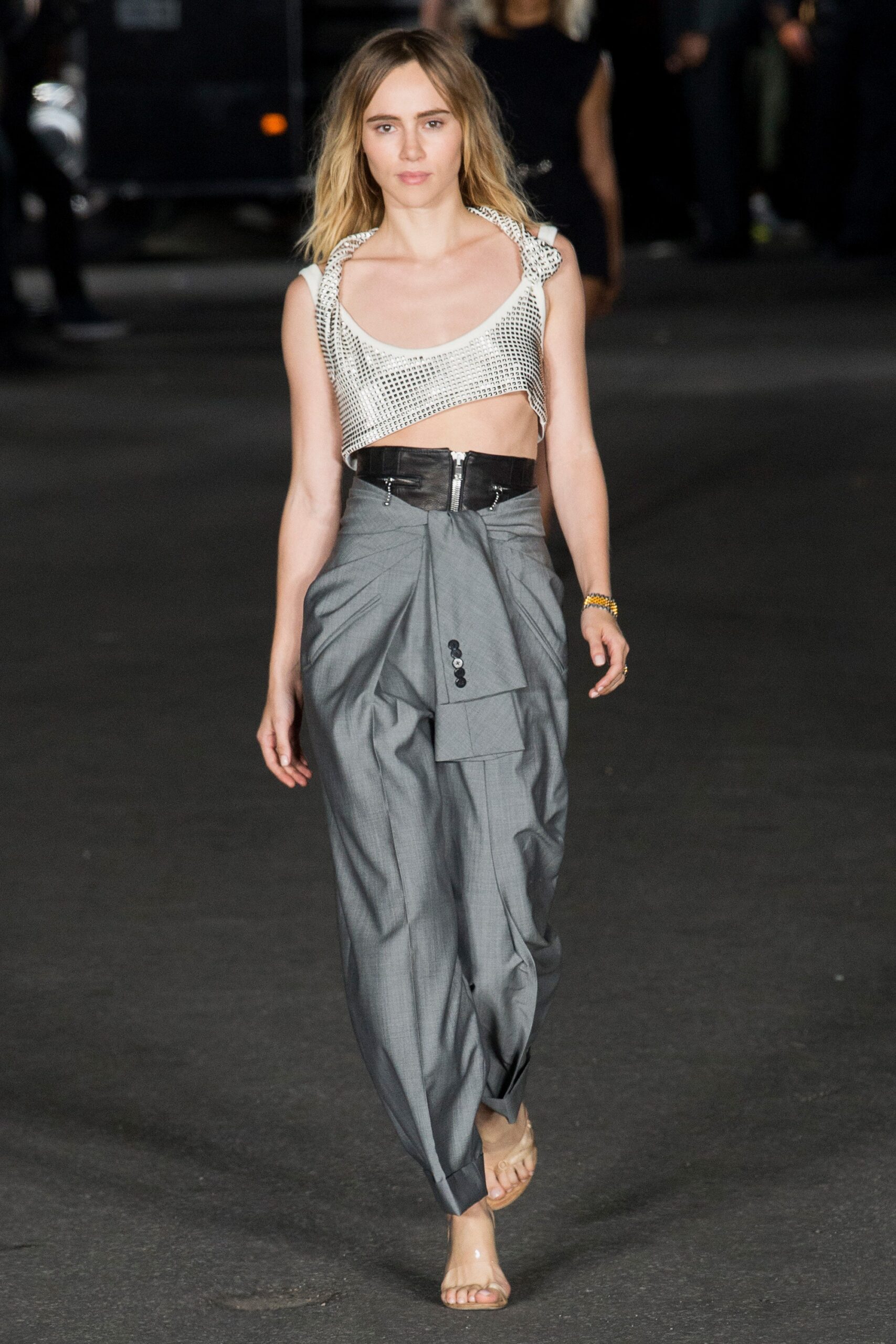 silver embellished fitted top with gray relaxed pants