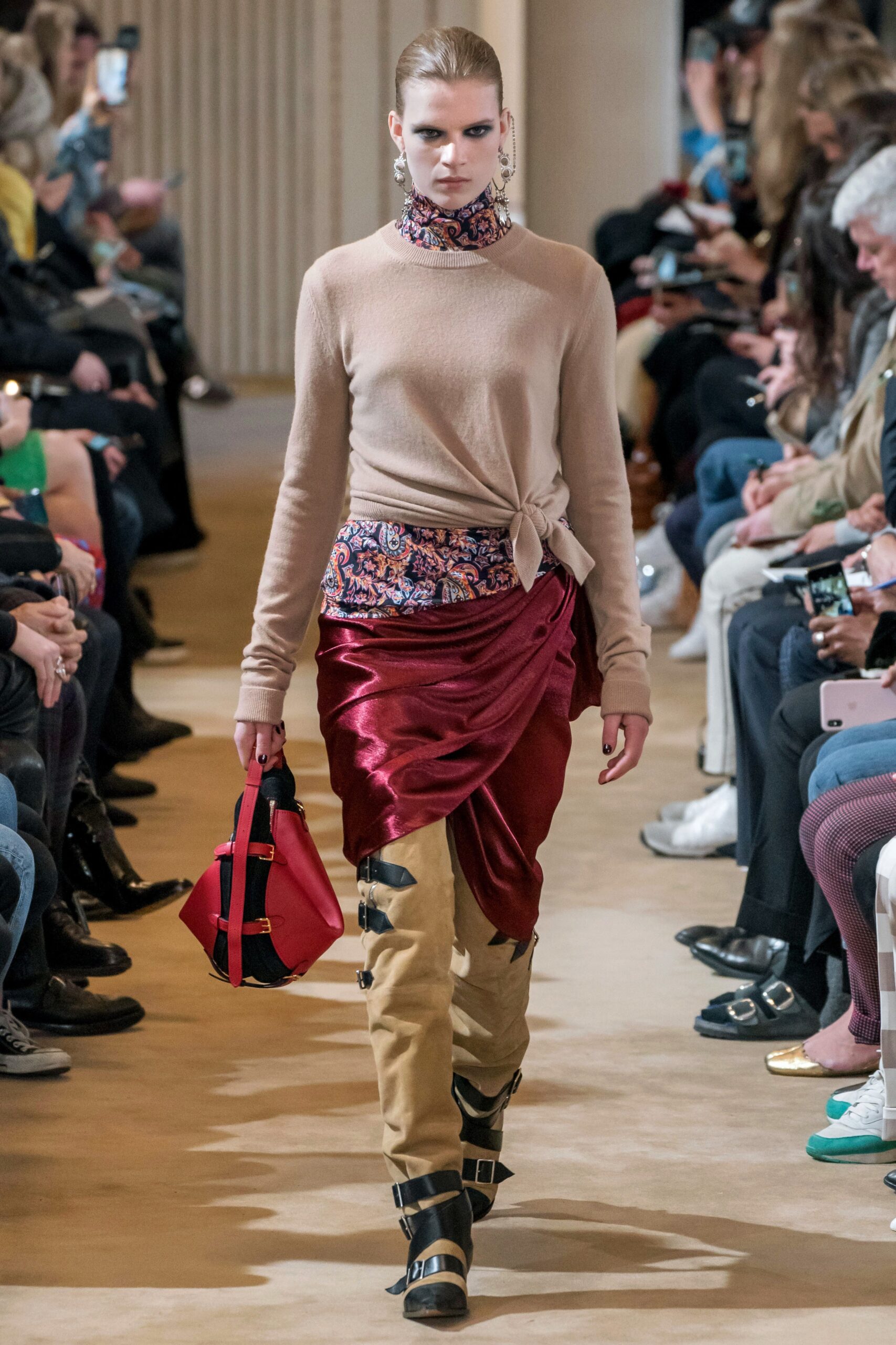red silk fitted high-waisted draped skirt