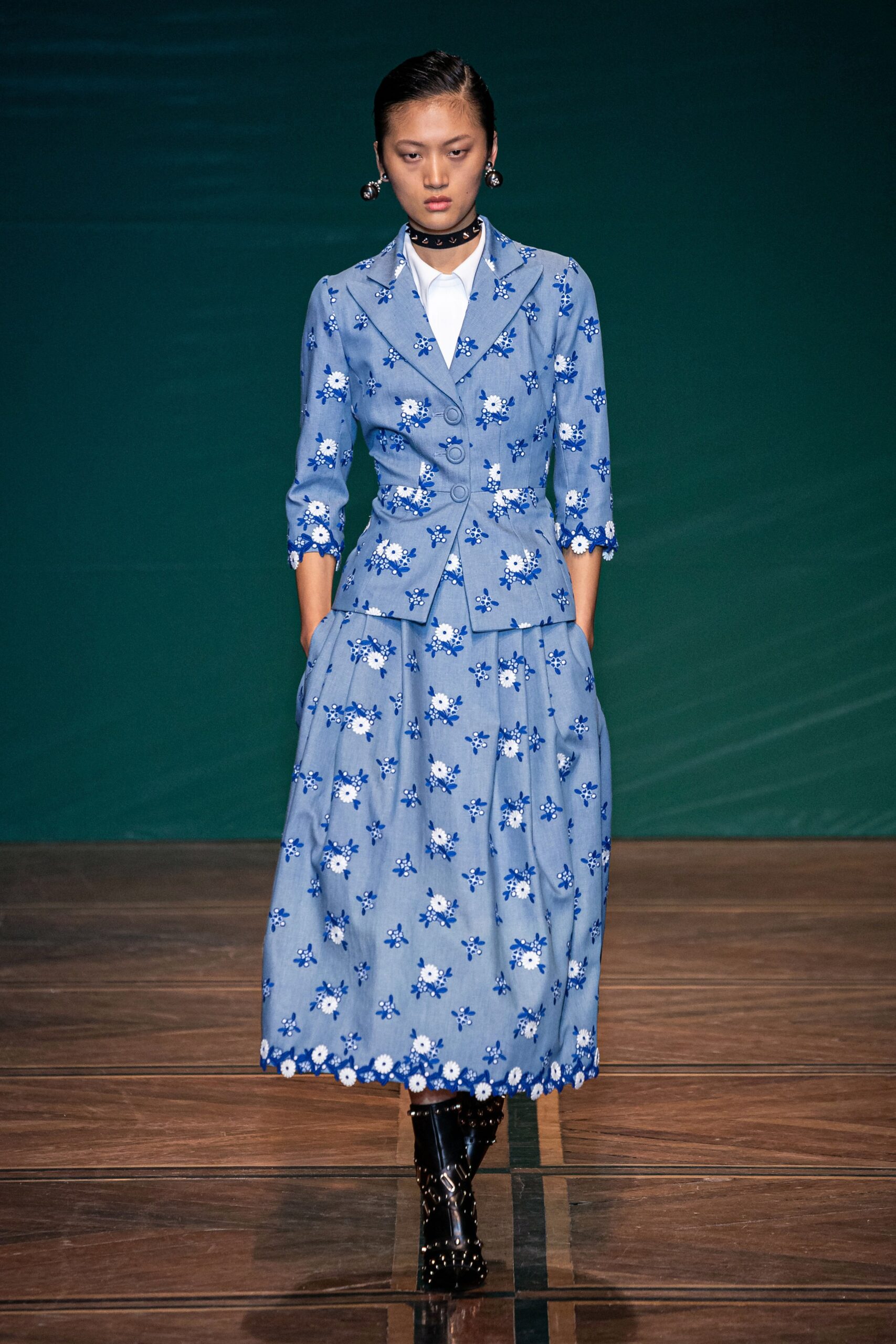blue embroidered suit with midi skirt