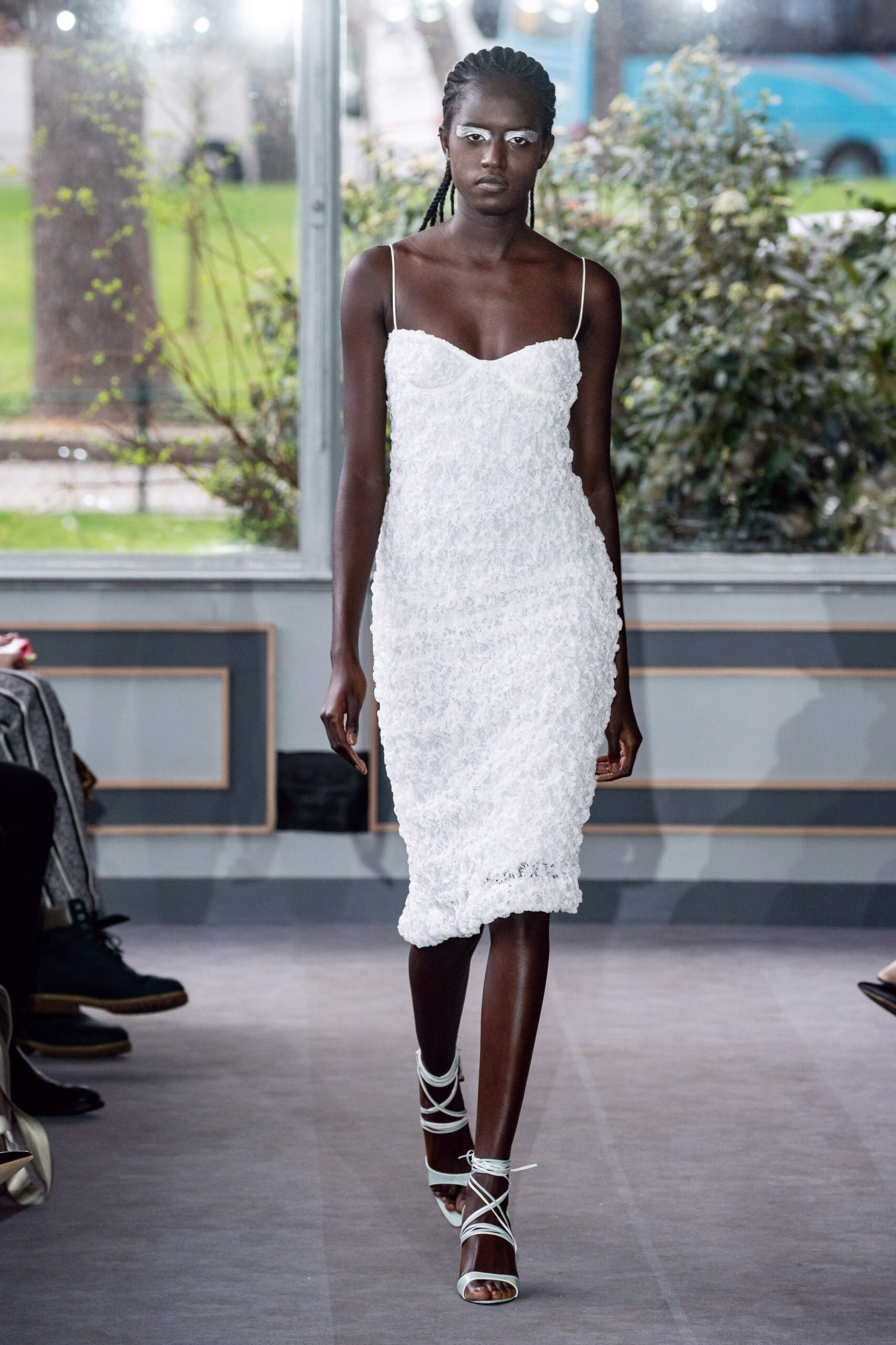 white lace fitted midi dress