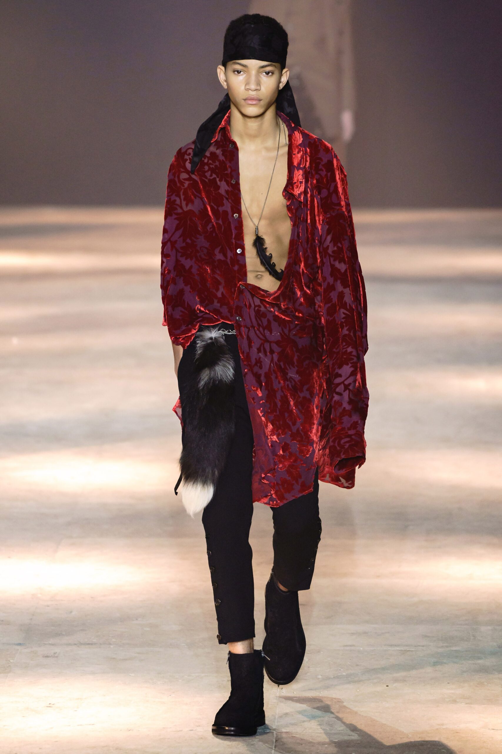 red velvet long-sleeve v-neck relaxed draped shirt