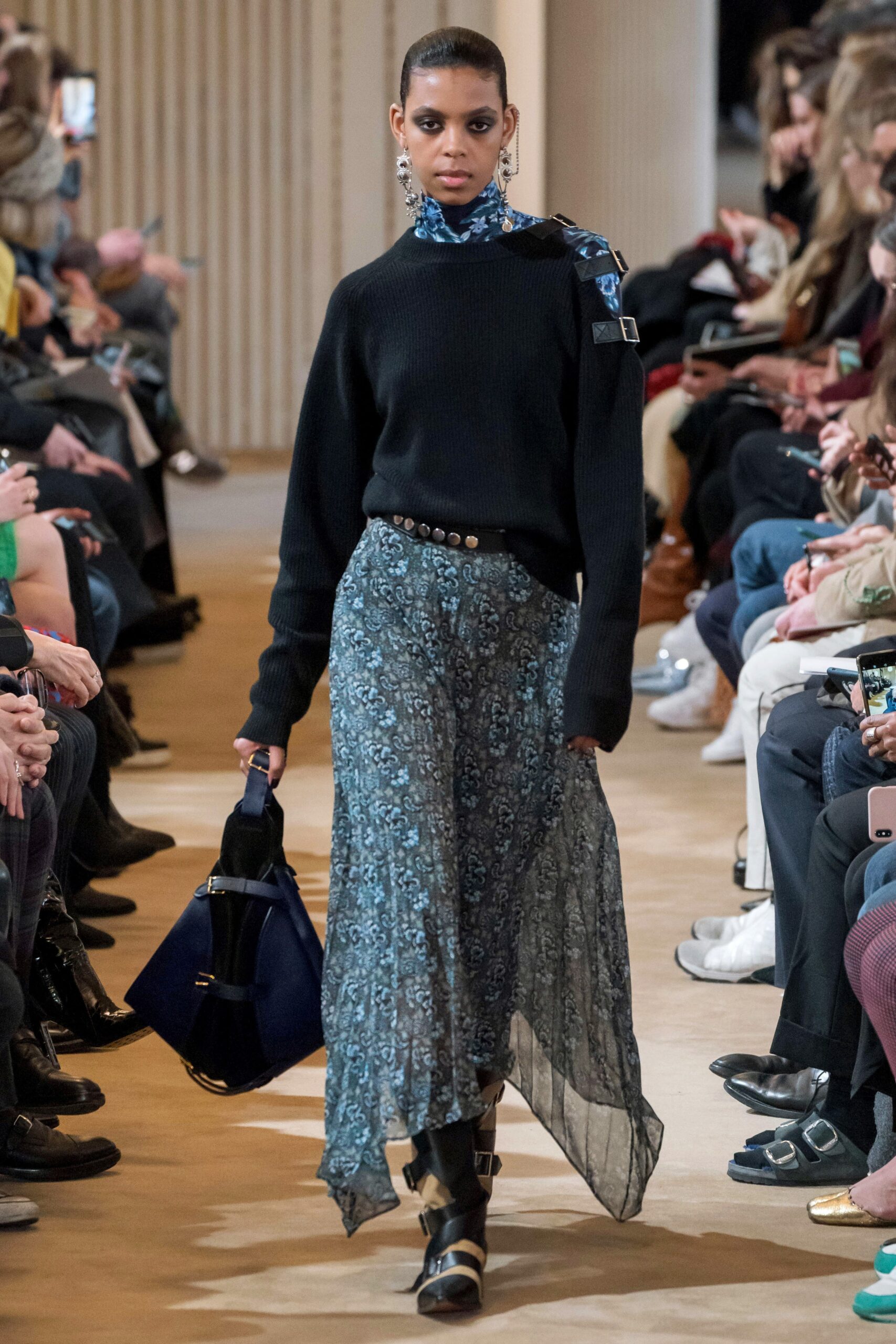blue chiffon asymmetric relaxed flared flowing midi skirt