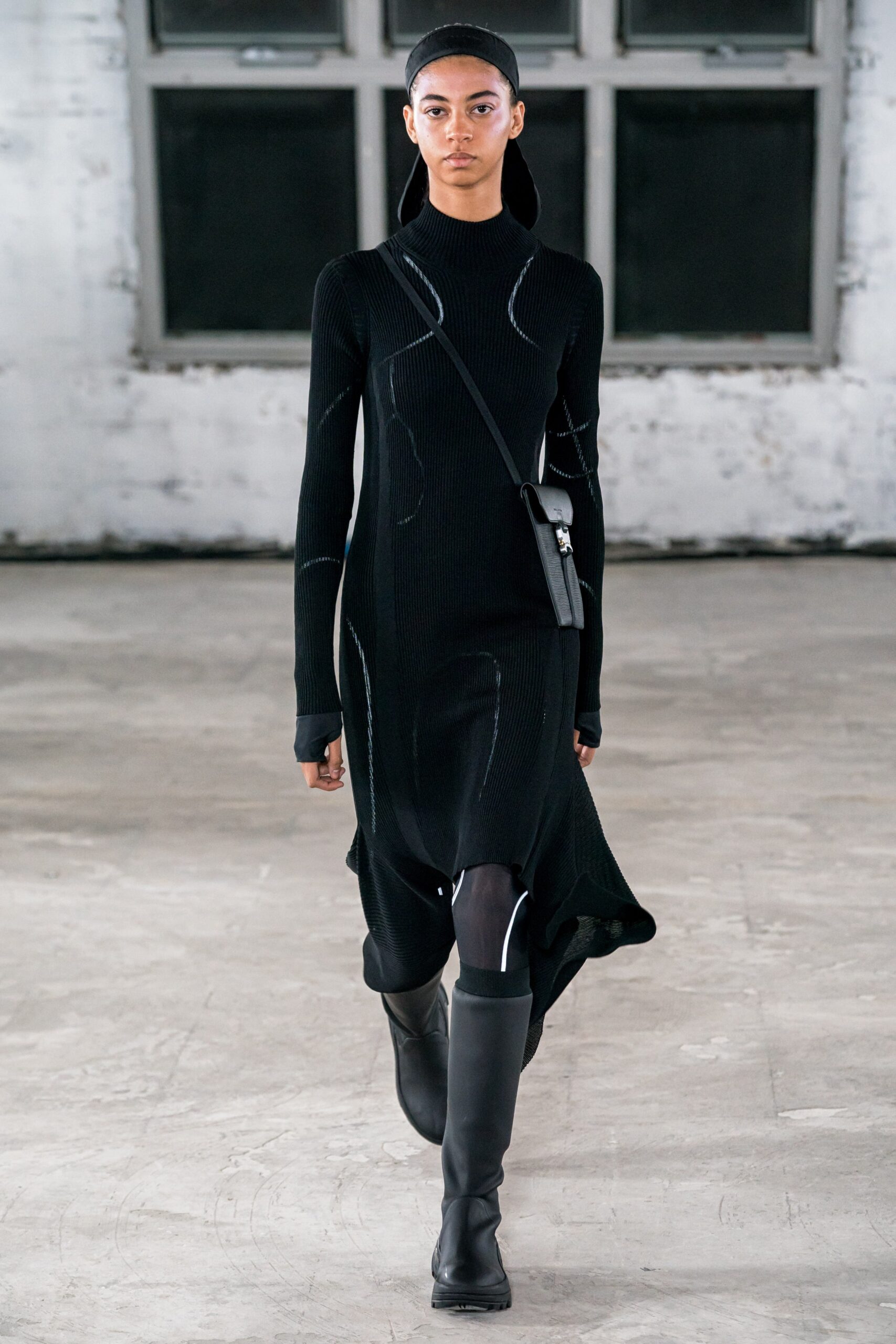 black knit long-sleeve turtleneck fitted draped midi dress