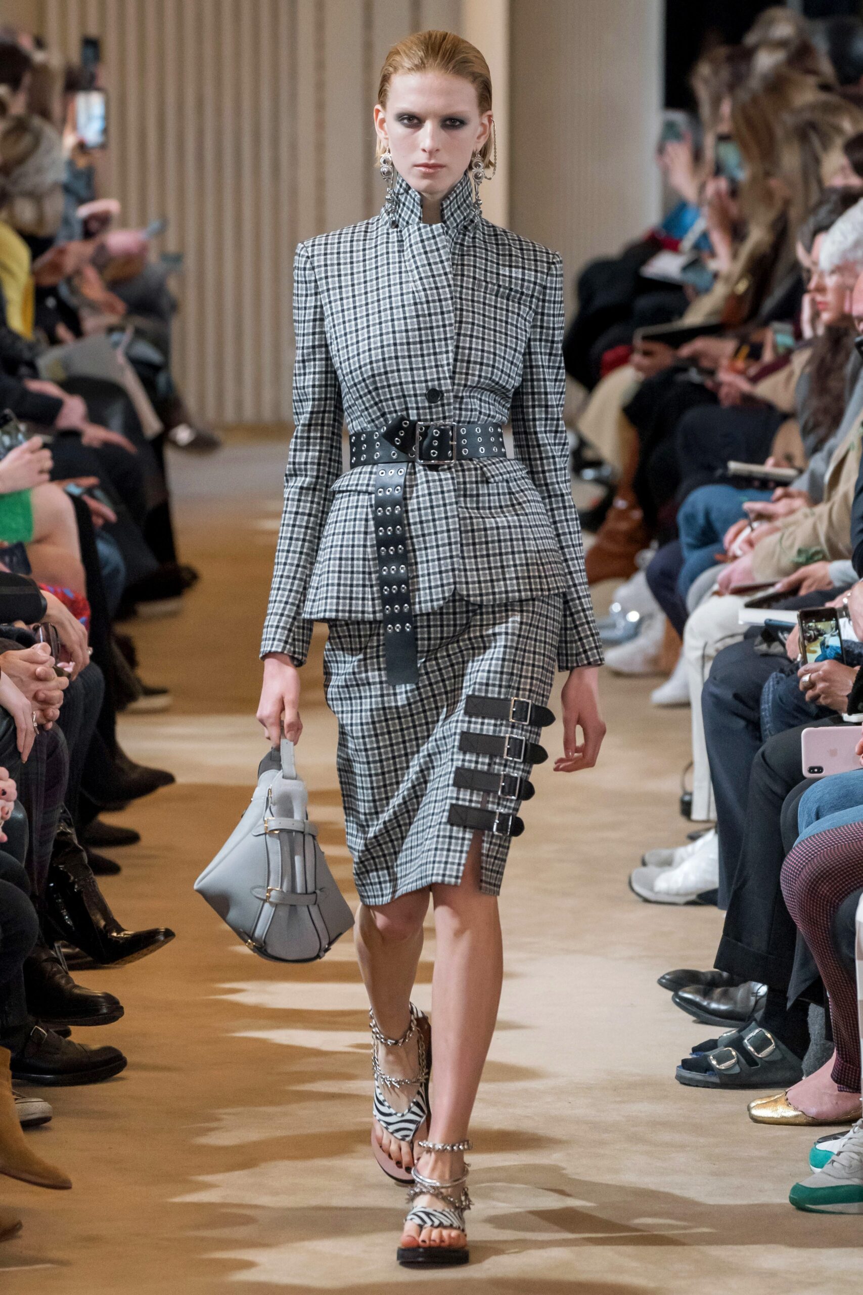 black cotton long-sleeve collared fitted checked belted suit