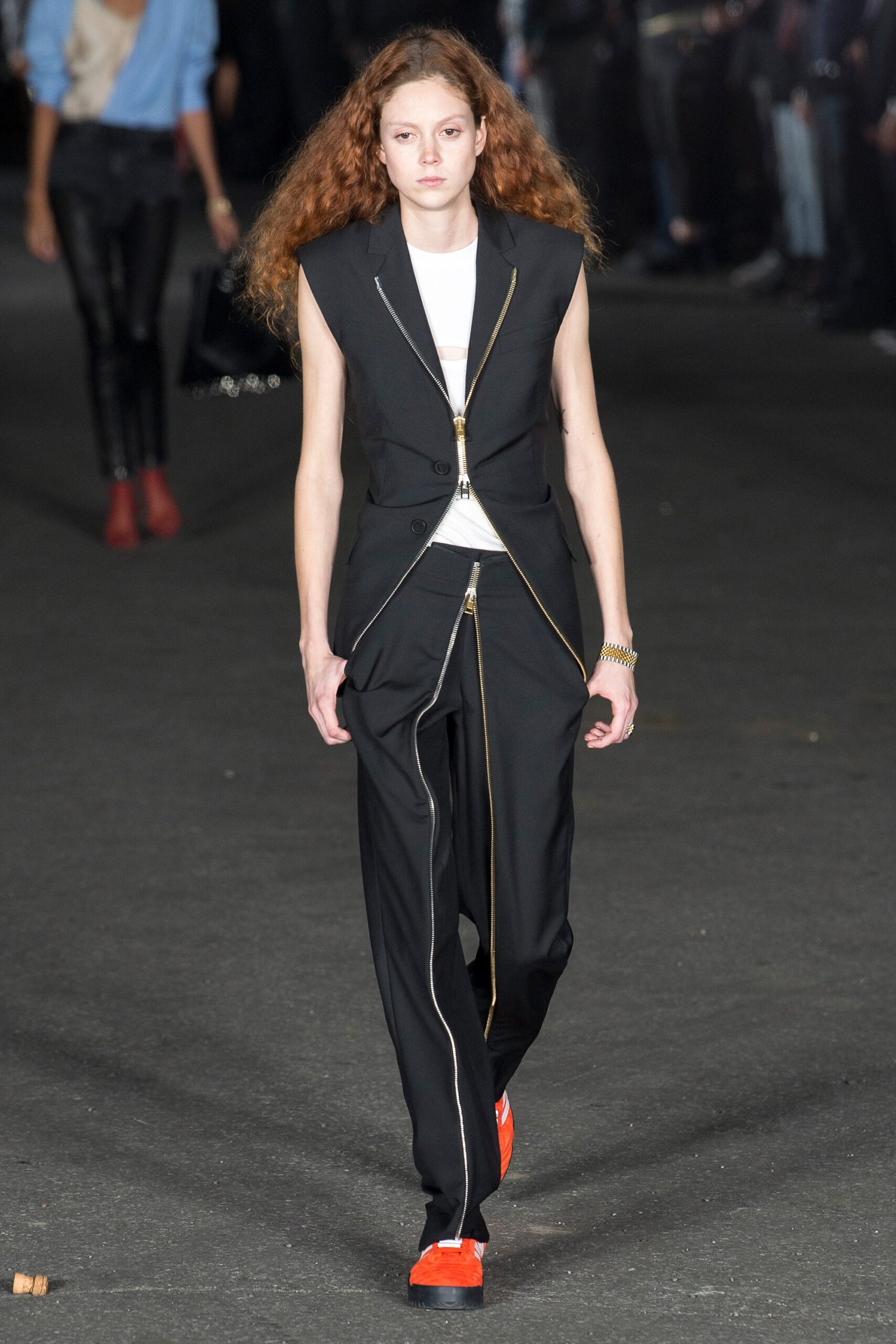 black cotton long-sleeve collared tailored structured zippered suit