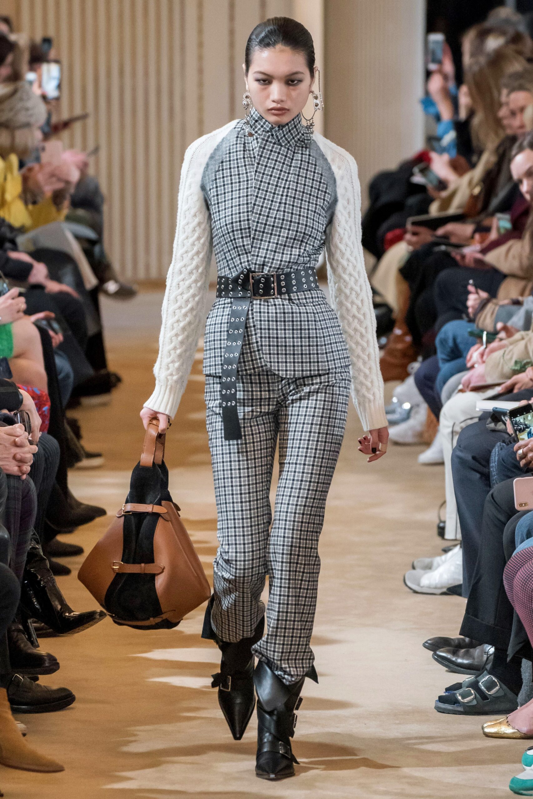 black cotton long-sleeve collared fitted checked jumpsuit