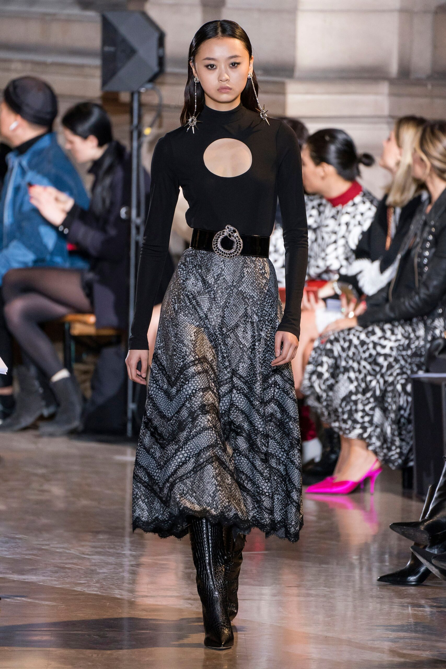 black fitted top and lace midi skirt