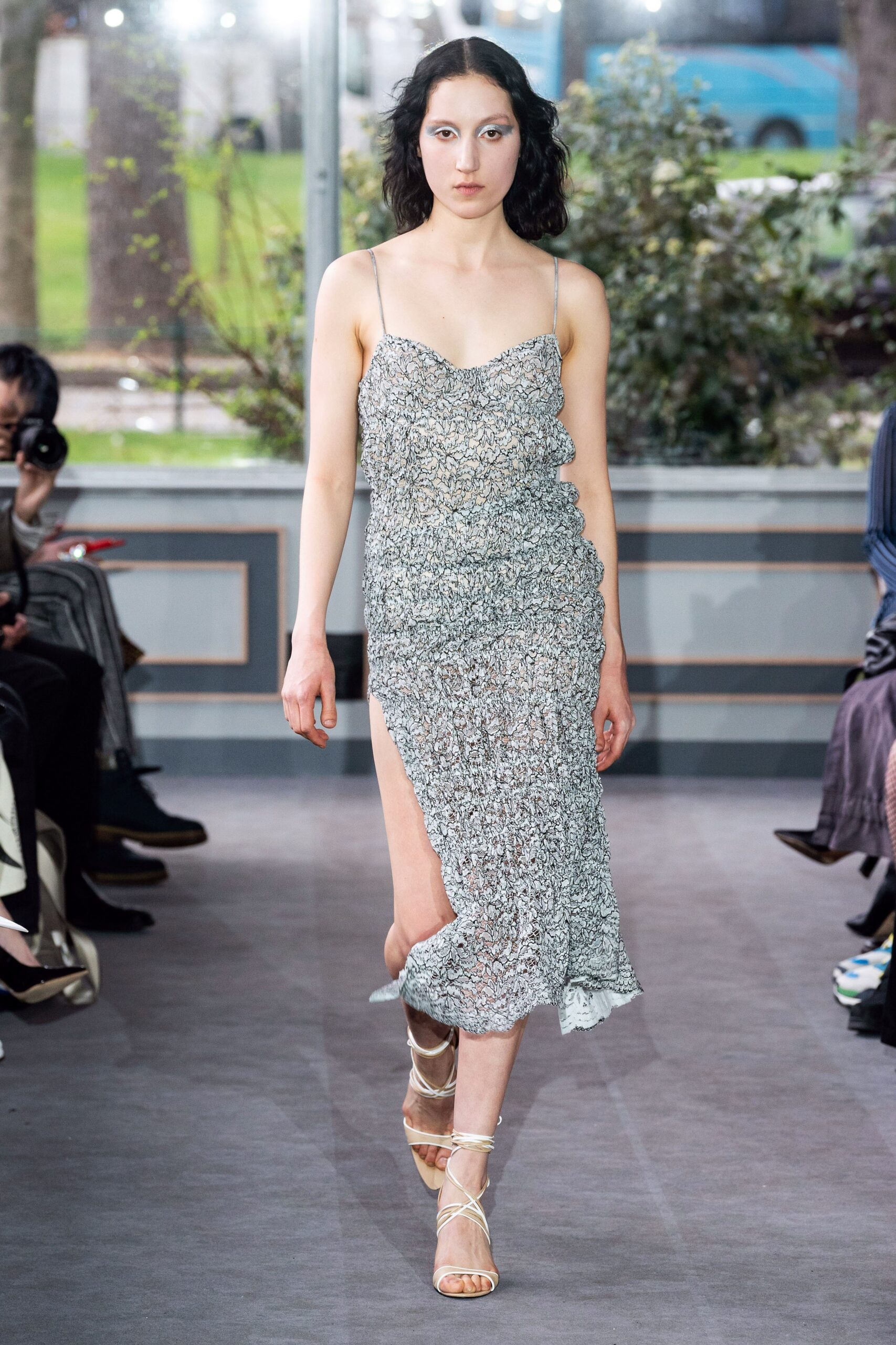 silver silk fitted dress