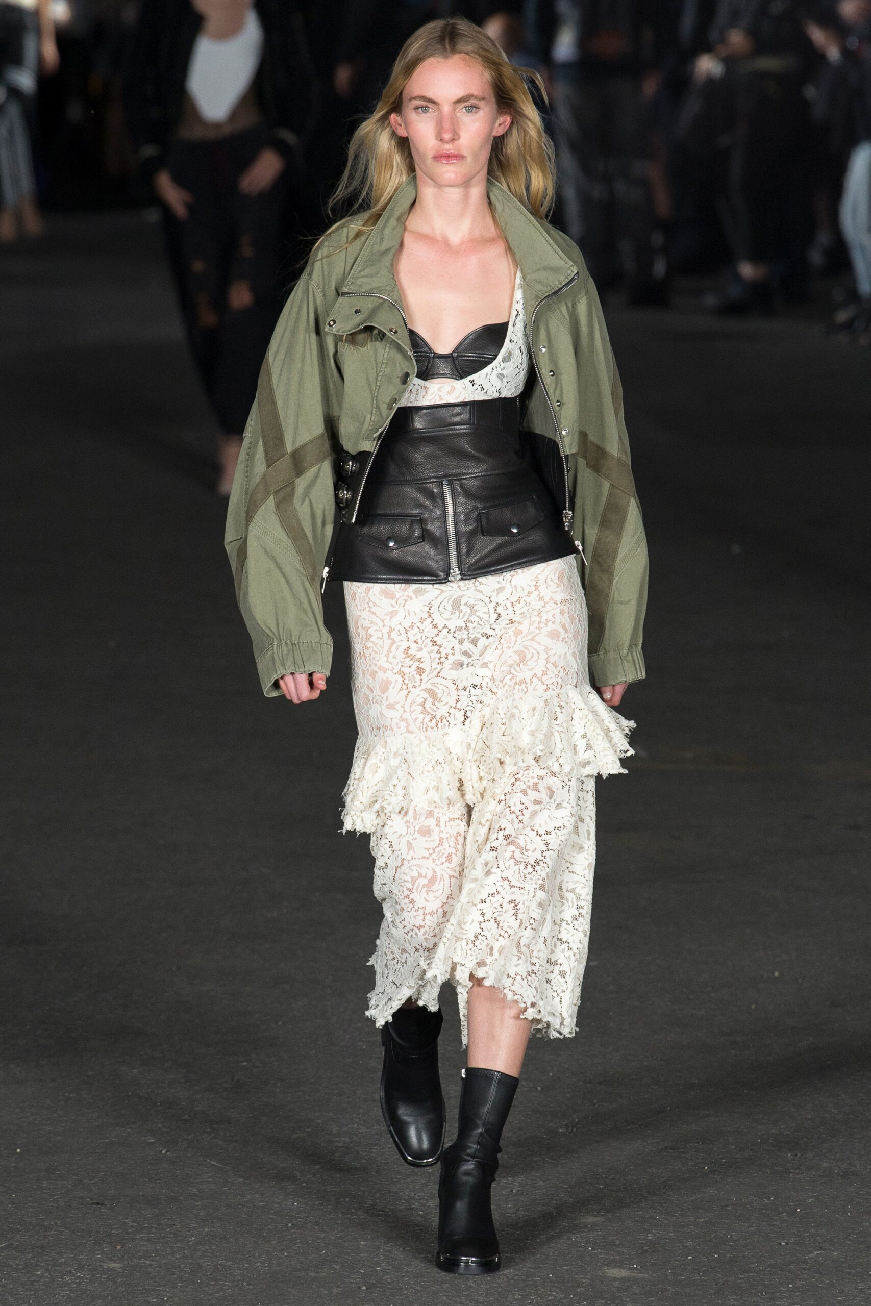 green jacket black corset white lace dress