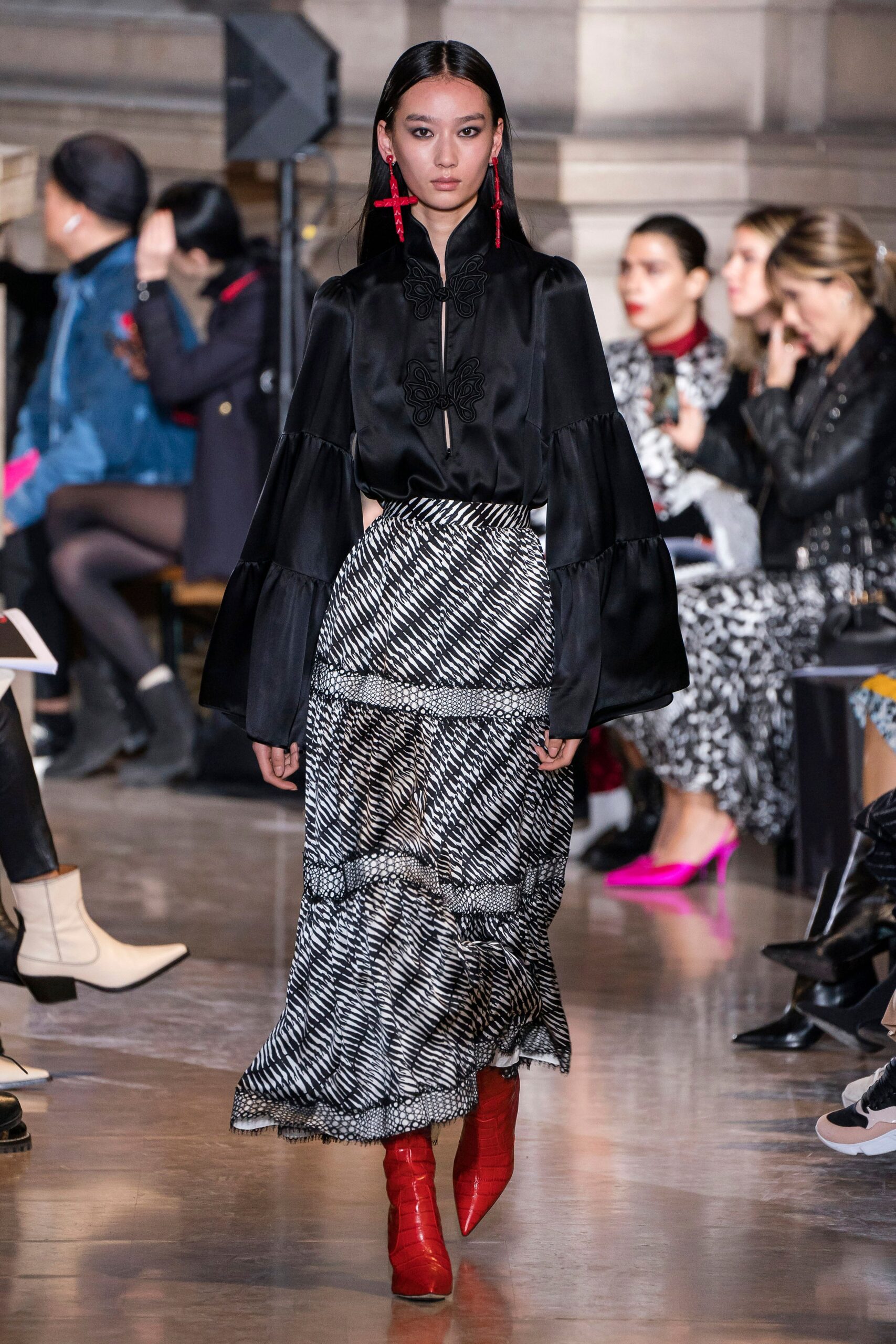 black silk blouse with tiered skirt