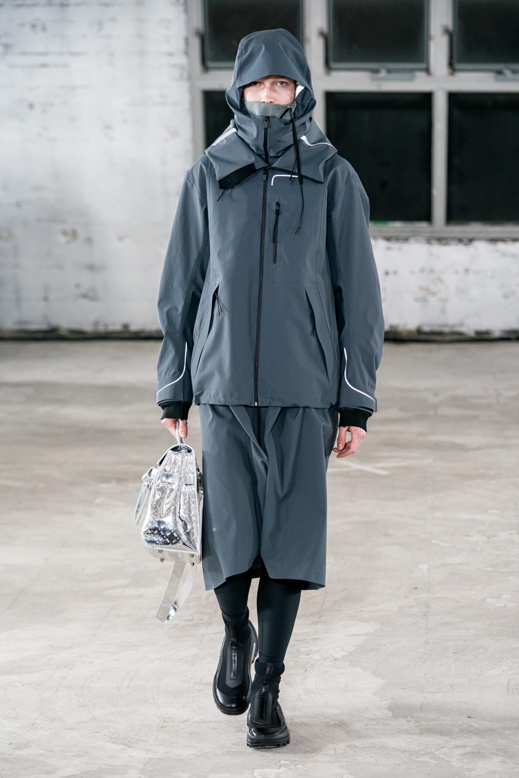 gray vinyl long-sleeve hooded relaxed zippered jacket