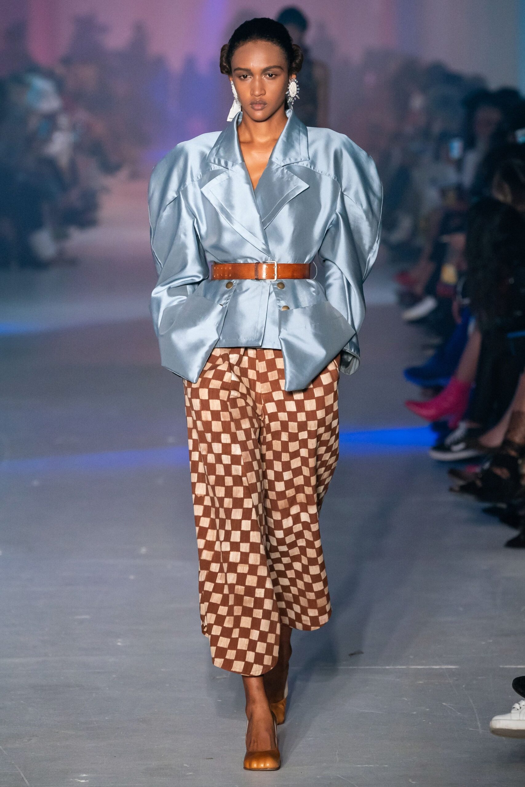 blue silk long-sleeve collared oversized buttoned shiny jacket