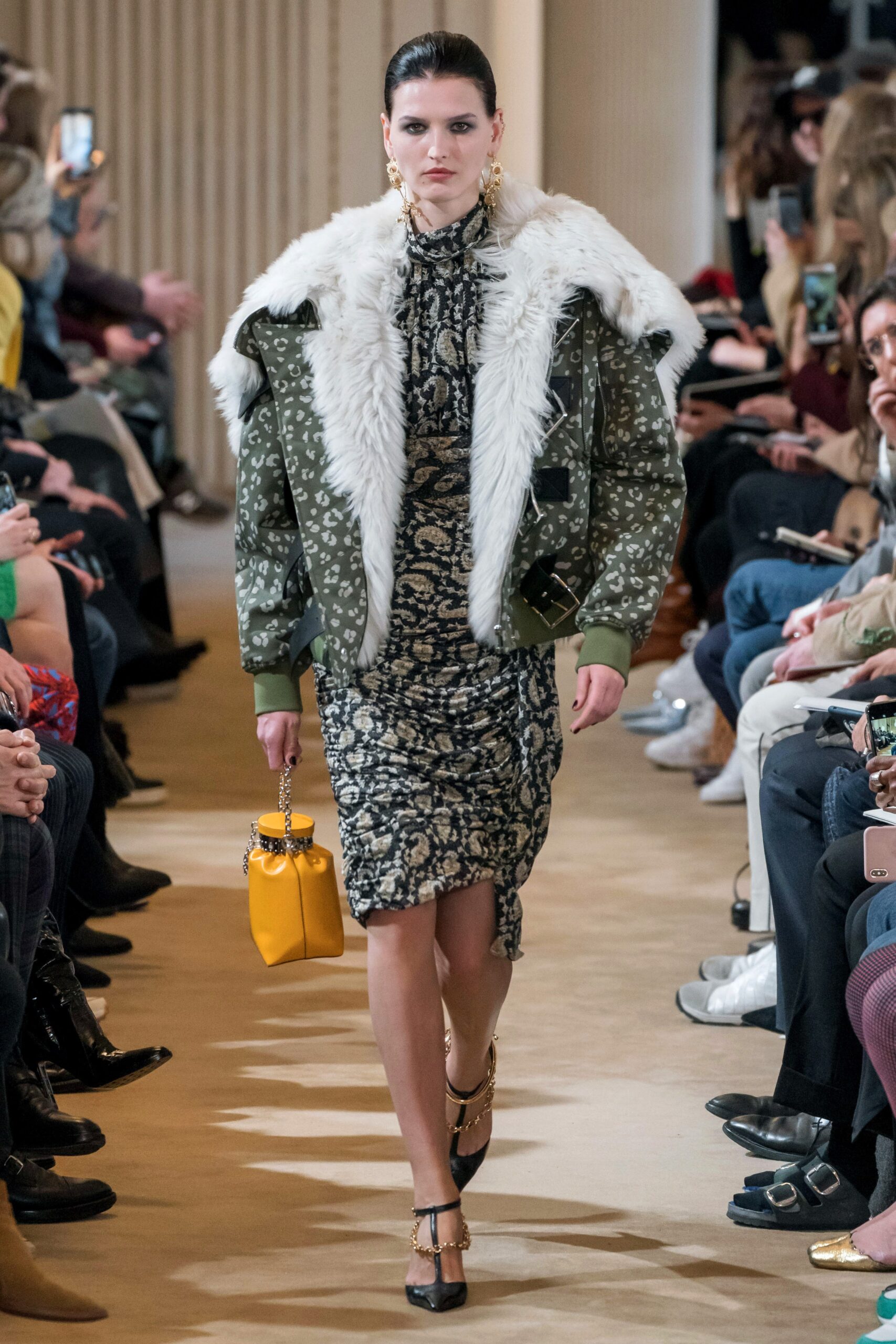 green faux-fur collared oversized zippered jacket