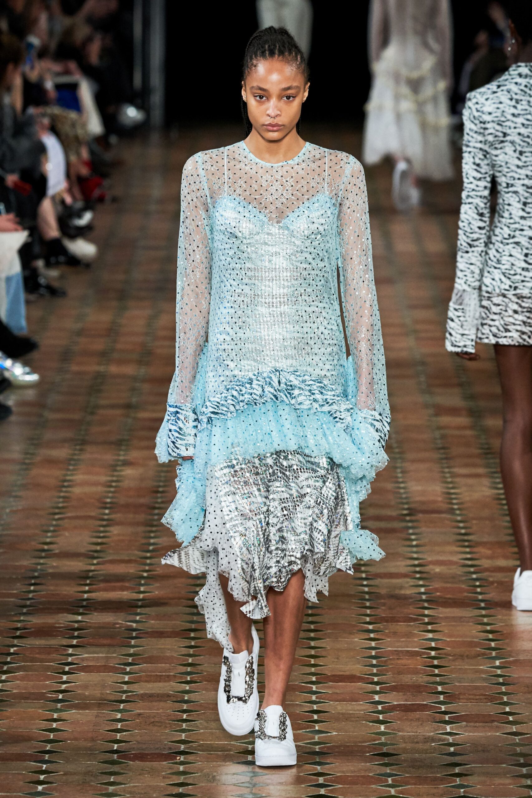 blue silk ruffled midi dress