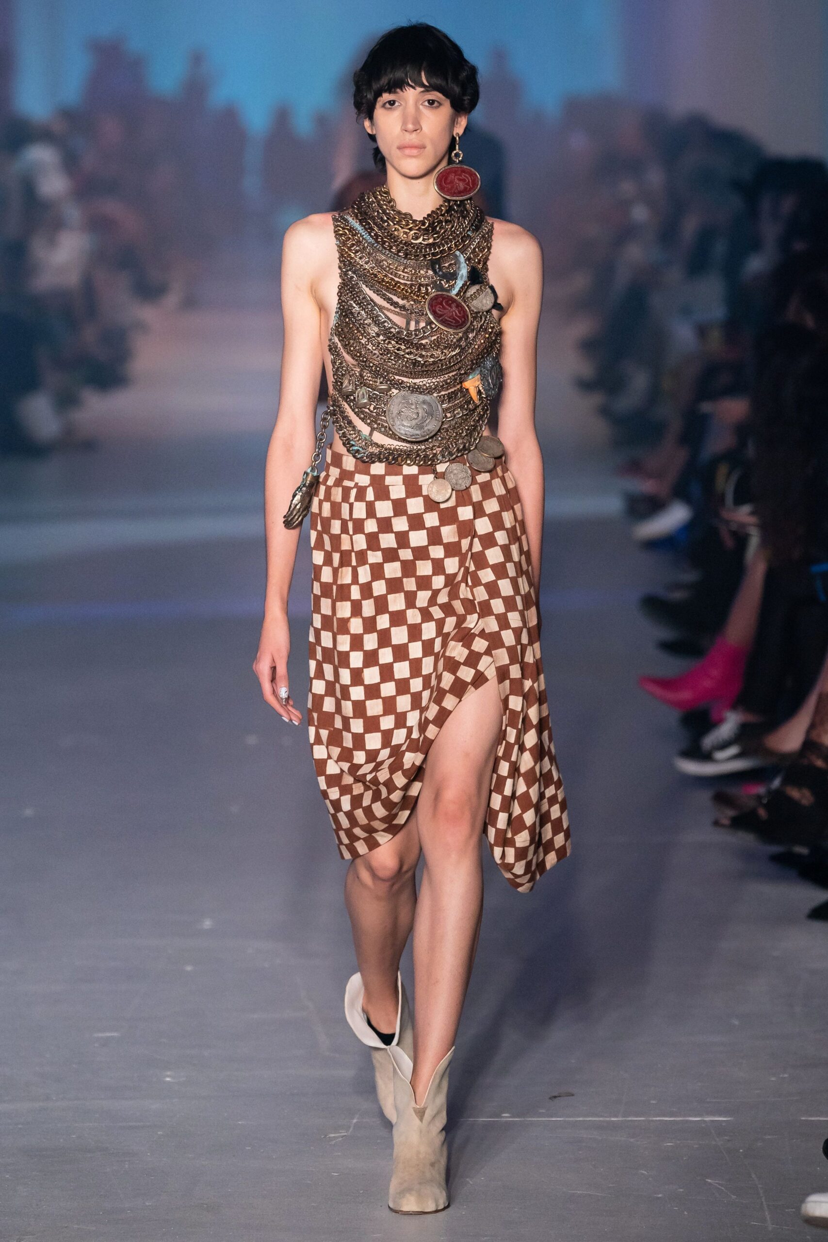 brown beige asymmetric checked dress