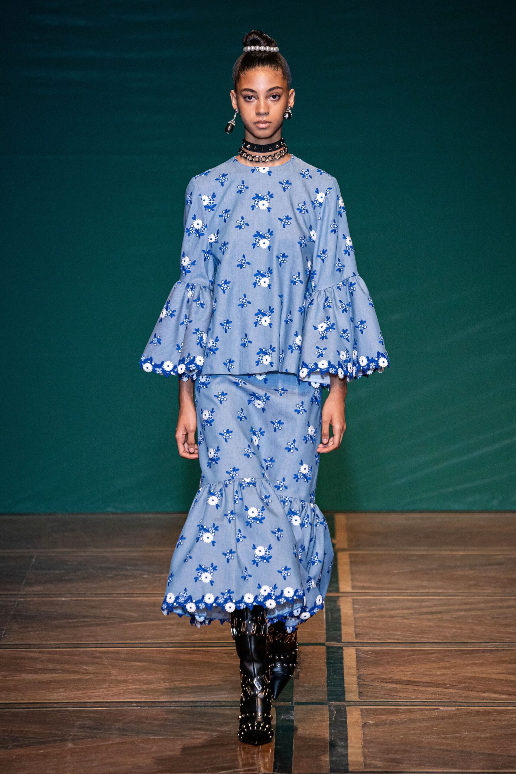 blue cotton long-sleeve collared relaxed embroidered flared top