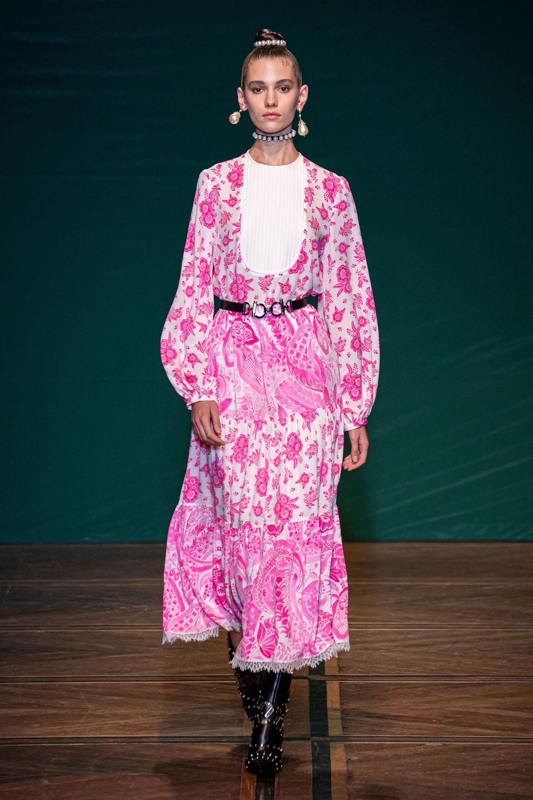 pink printed midi dress with belt