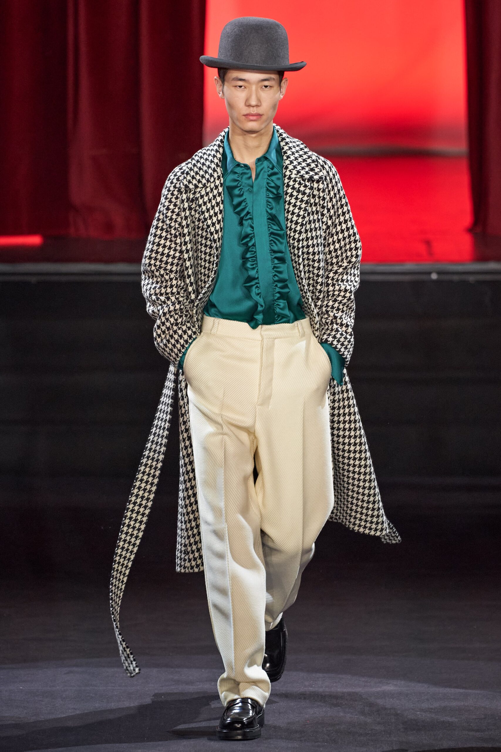 green silk long-sleeve collared fitted ruffled shirt