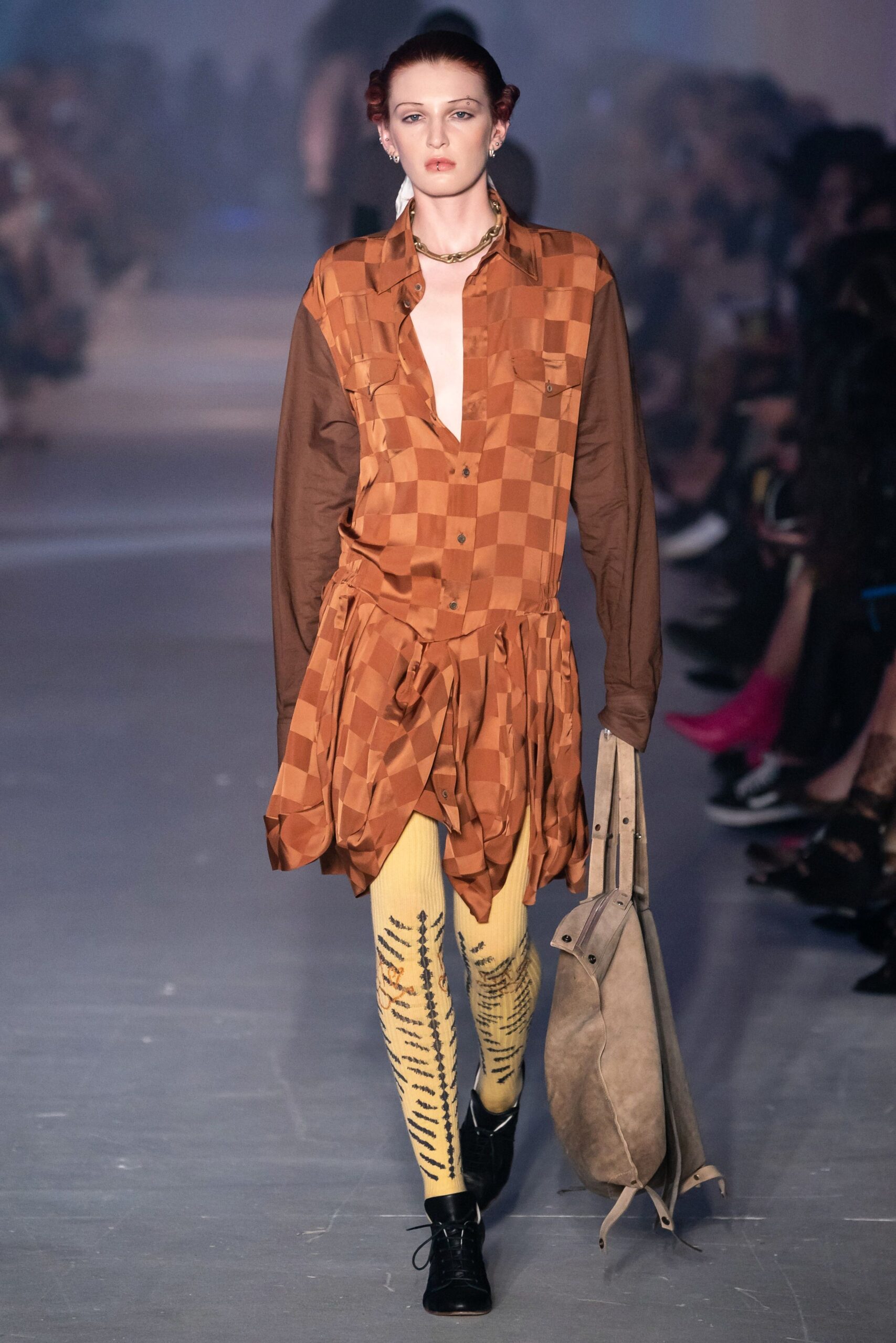 brown cotton long-sleeve v-neck relaxed checked draped shirt-dress