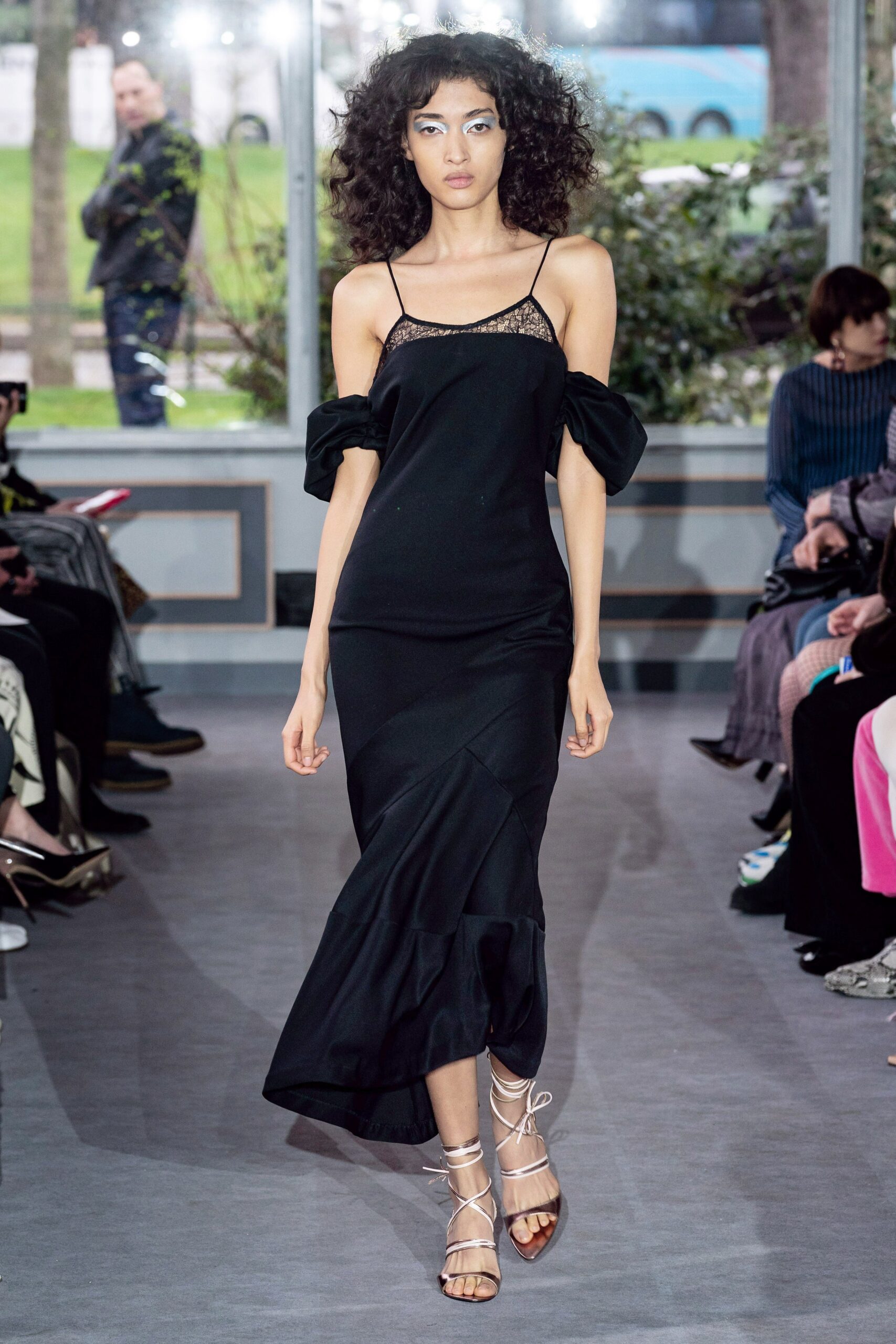 black silk fitted dress with ruffles