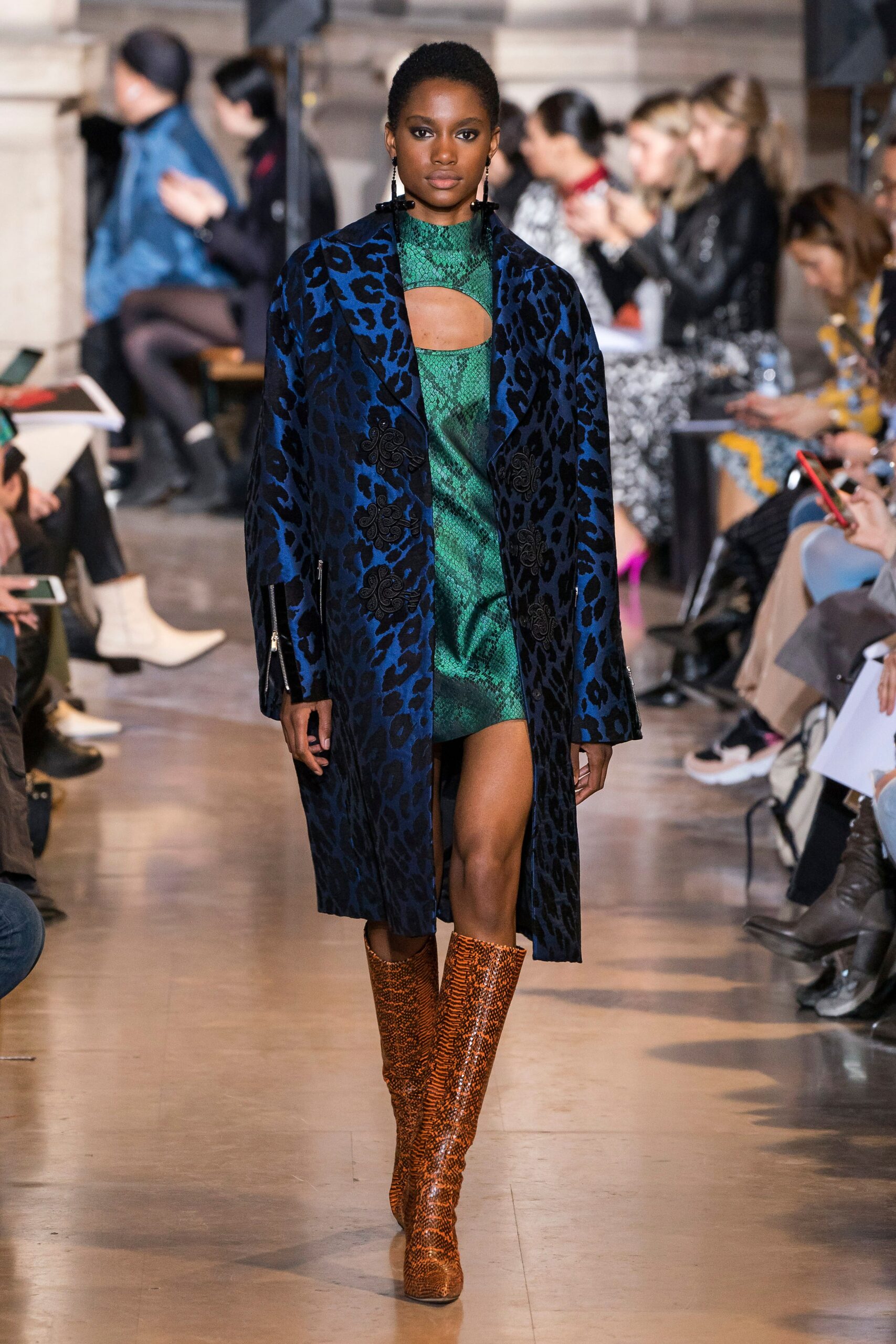 blue printed coat with green mini dress