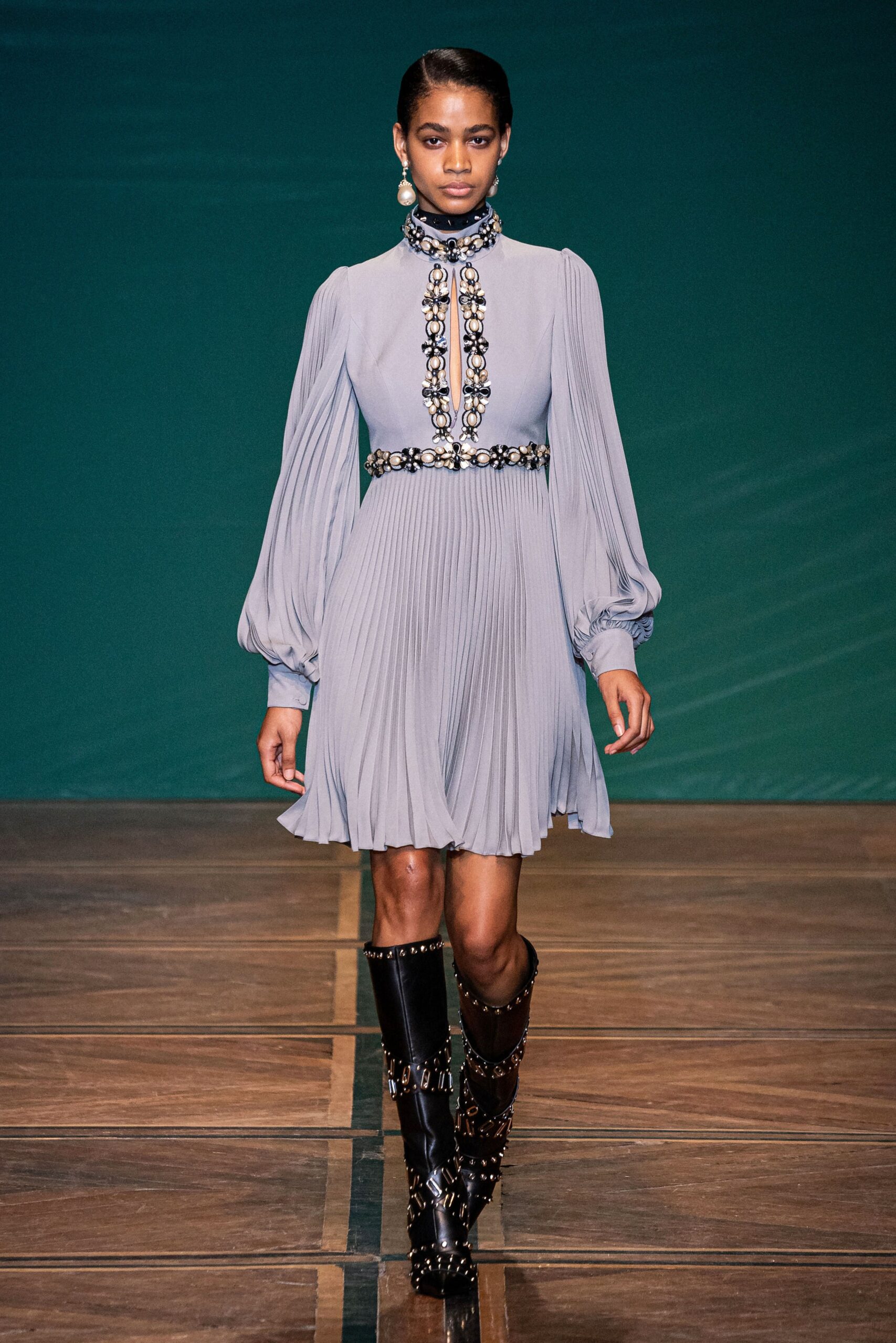 gray silk long-sleeve high-neck fitted pleated belted dress