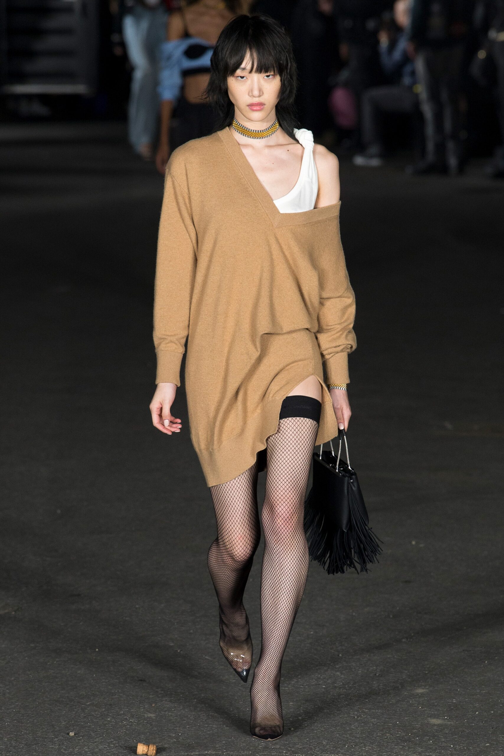 beige wool long-sleeve off-shoulder relaxed draped mini dress