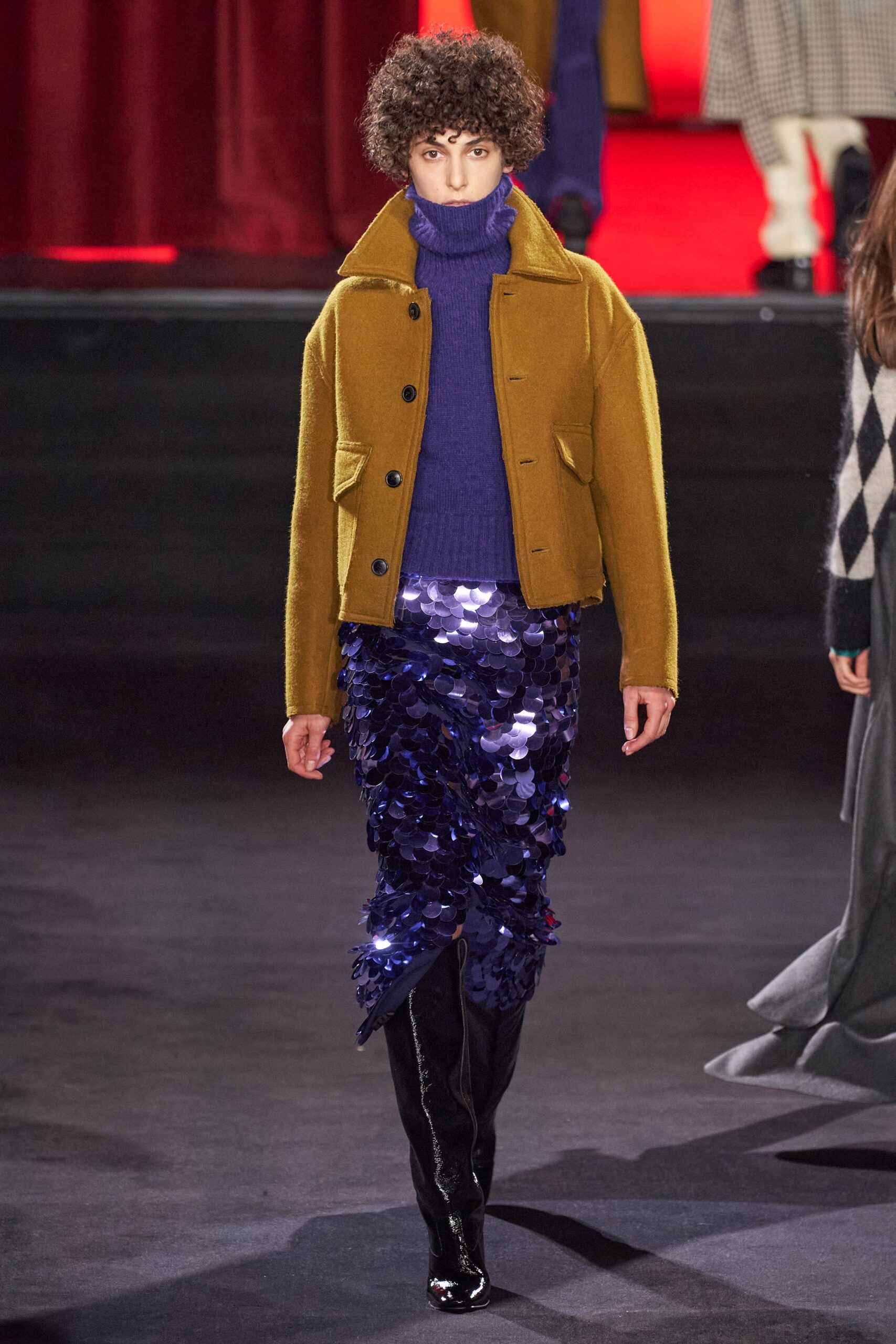 brown wool jacket with purple sweater