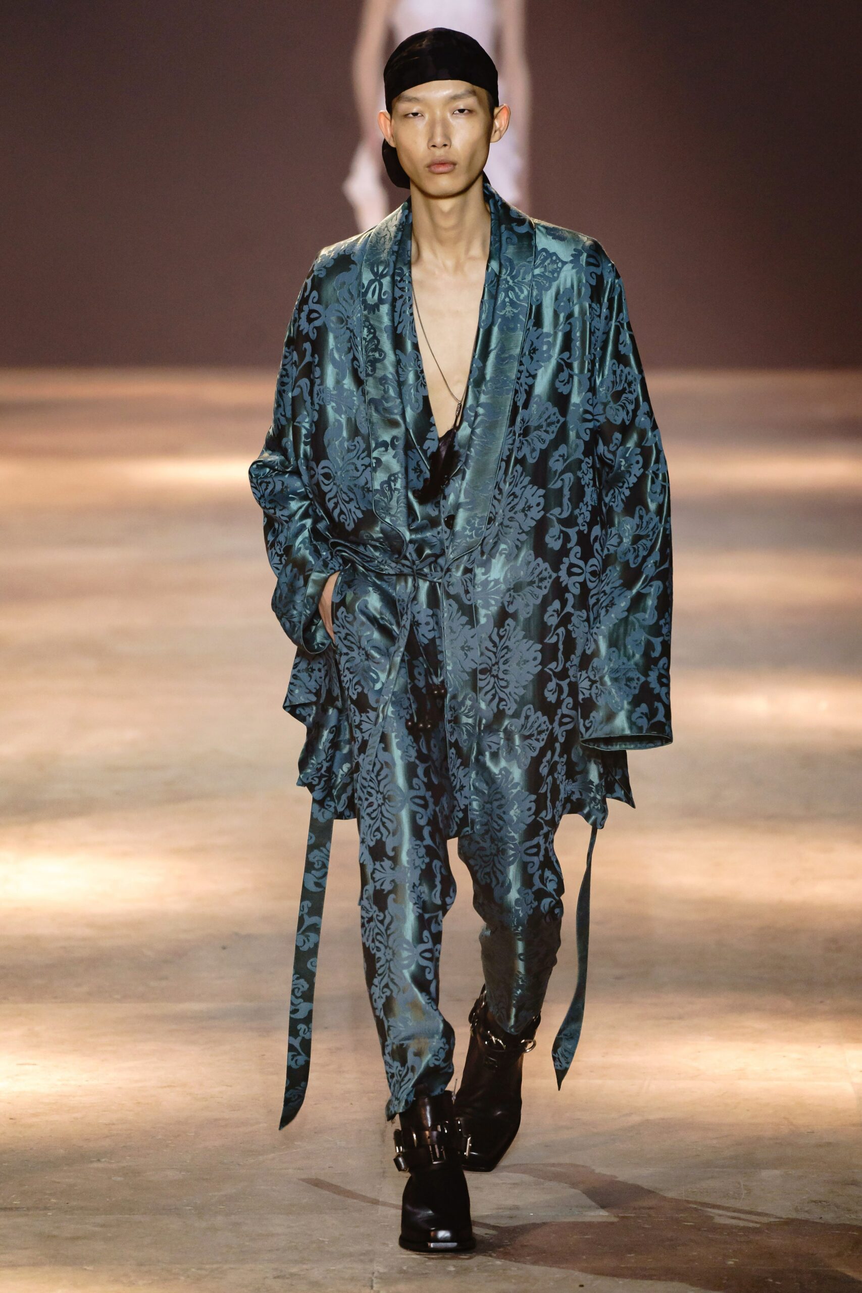 blue silk long-sleeve v-neck relaxed embroidered jacket