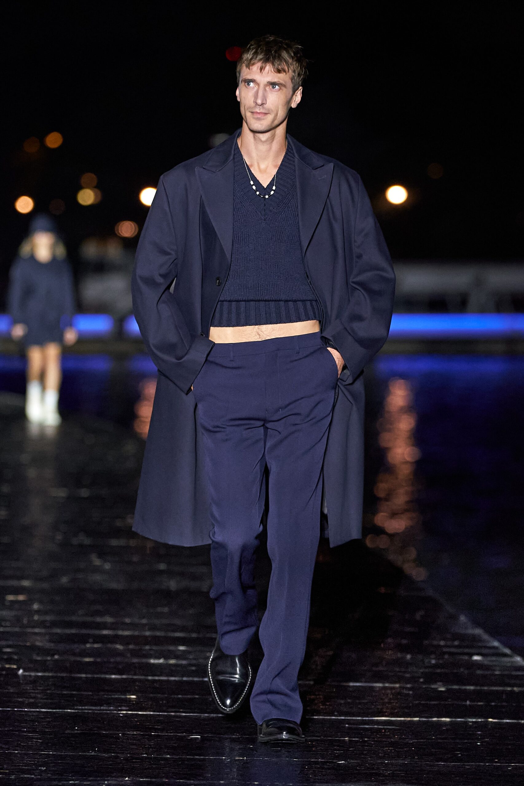 navy wool coat with fitted sweater