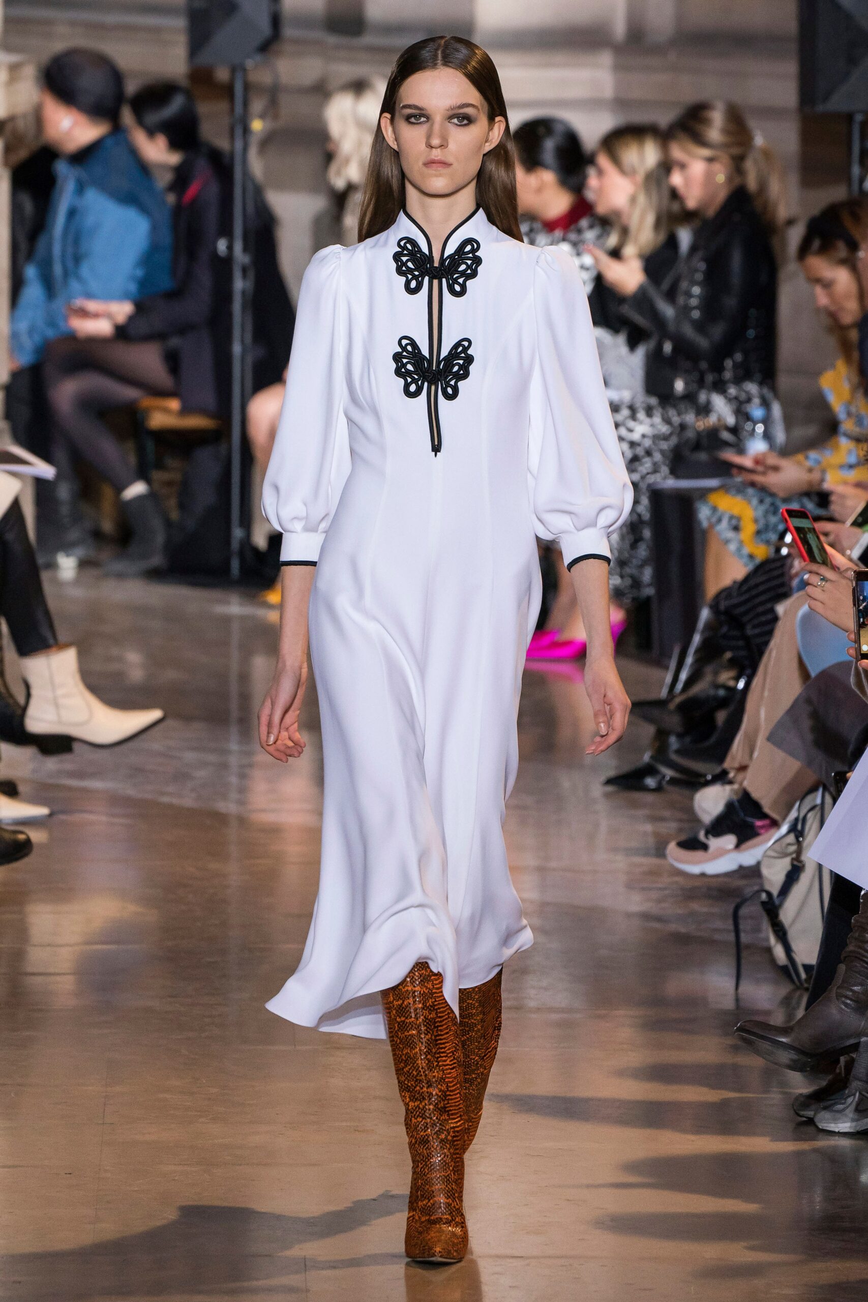 white midi dress with brown boots