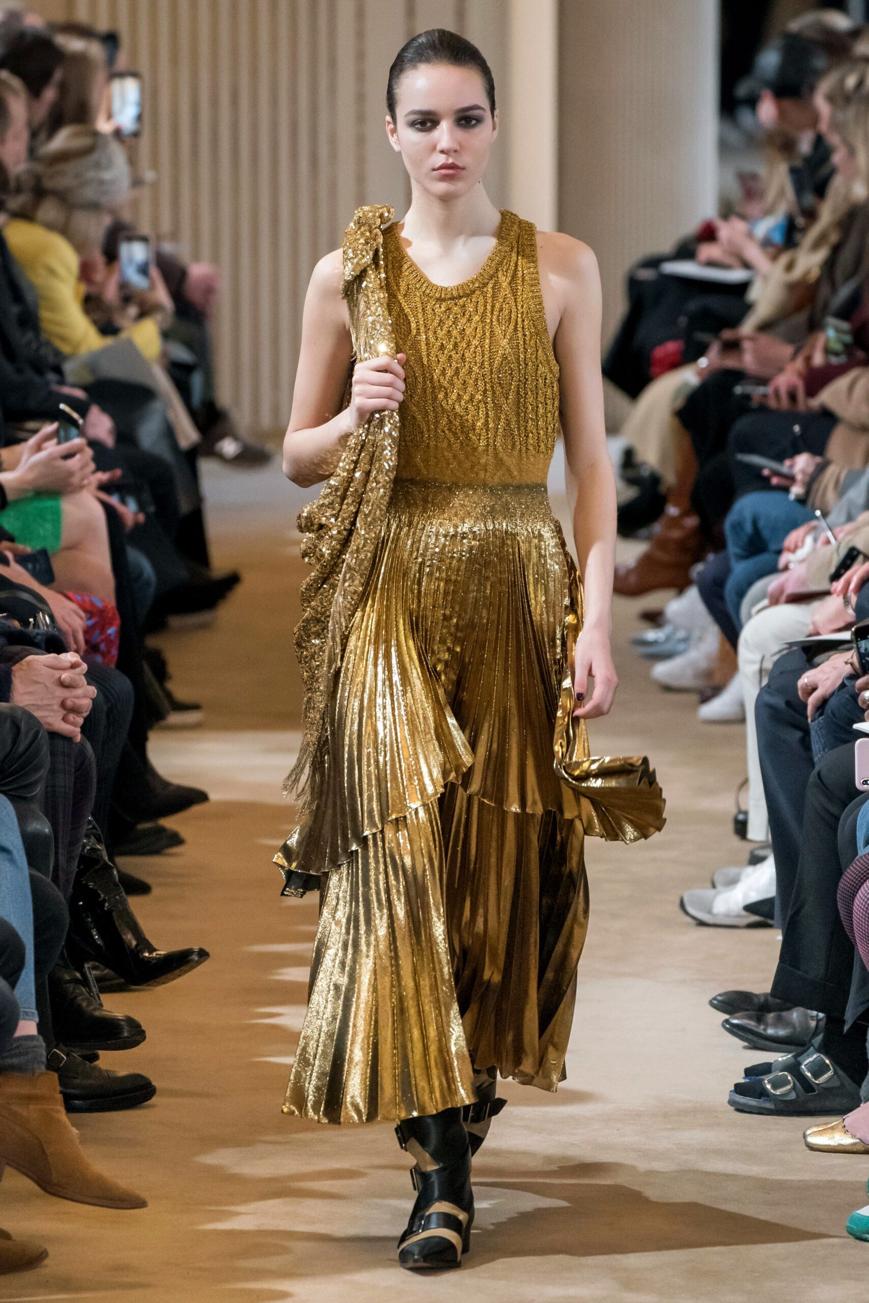 gold pleated midi dress