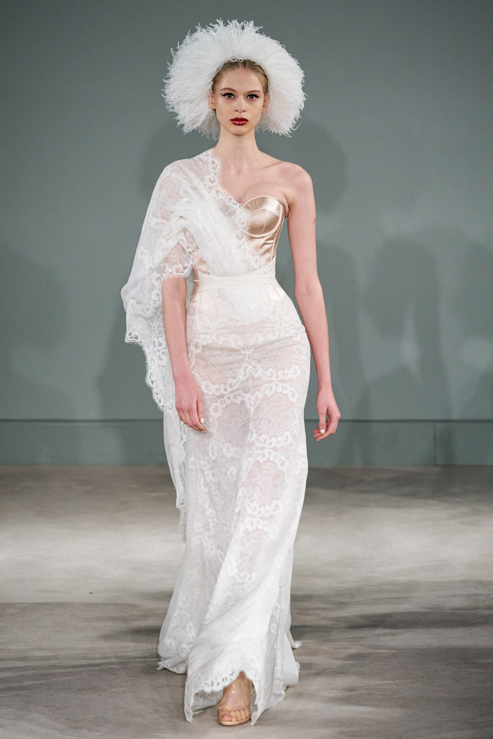 white lace off-shoulder gown