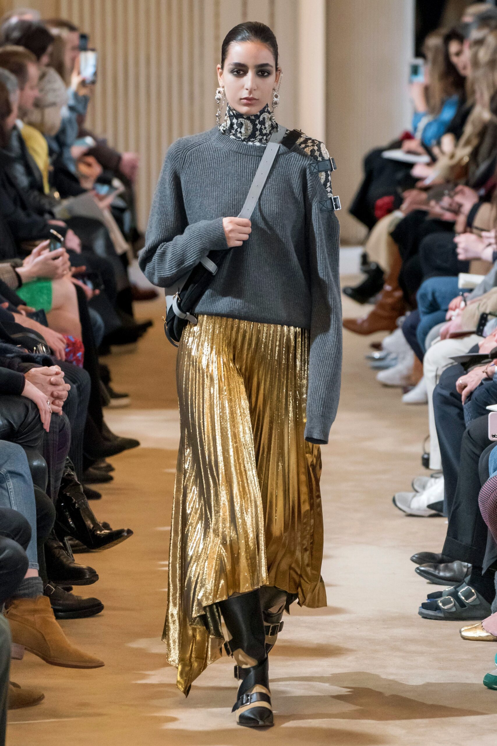 gray wool long-sleeve high-neck relaxed layered sweater