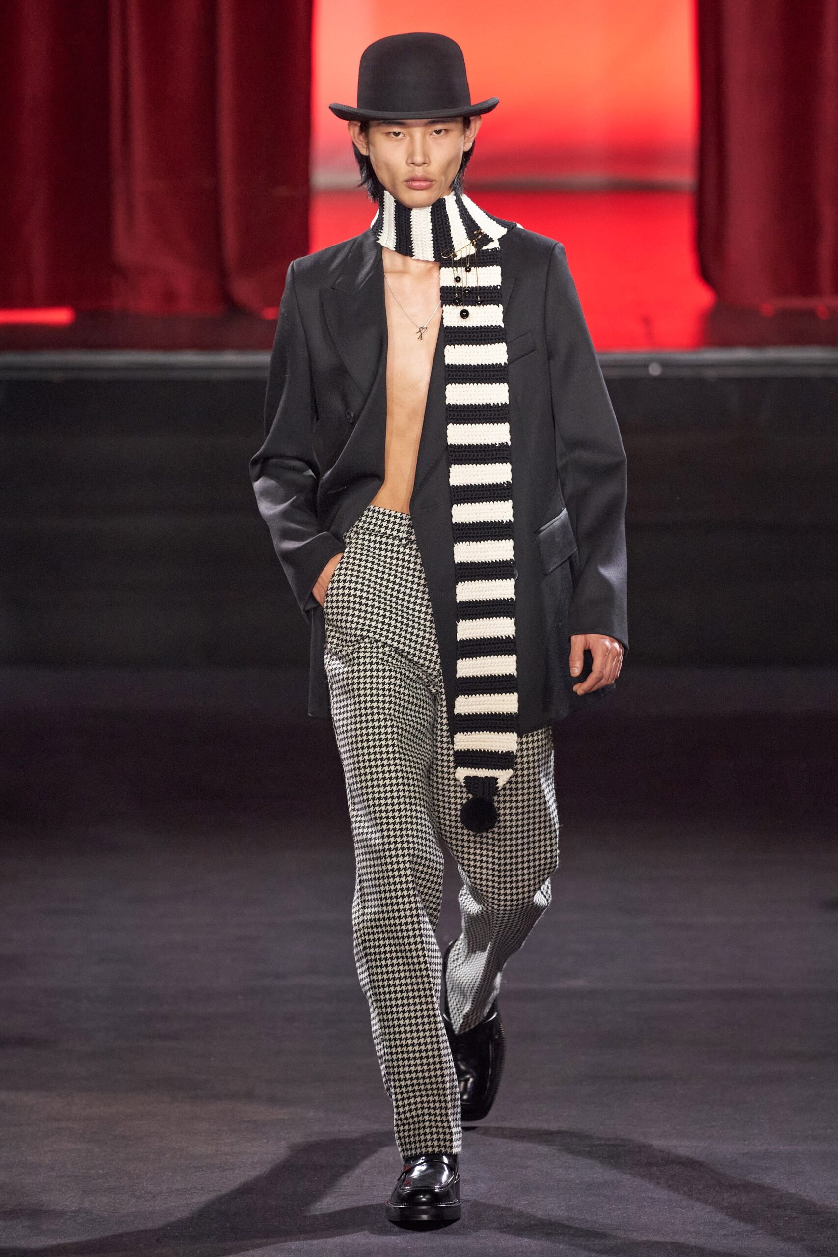 black blazer with checked pants