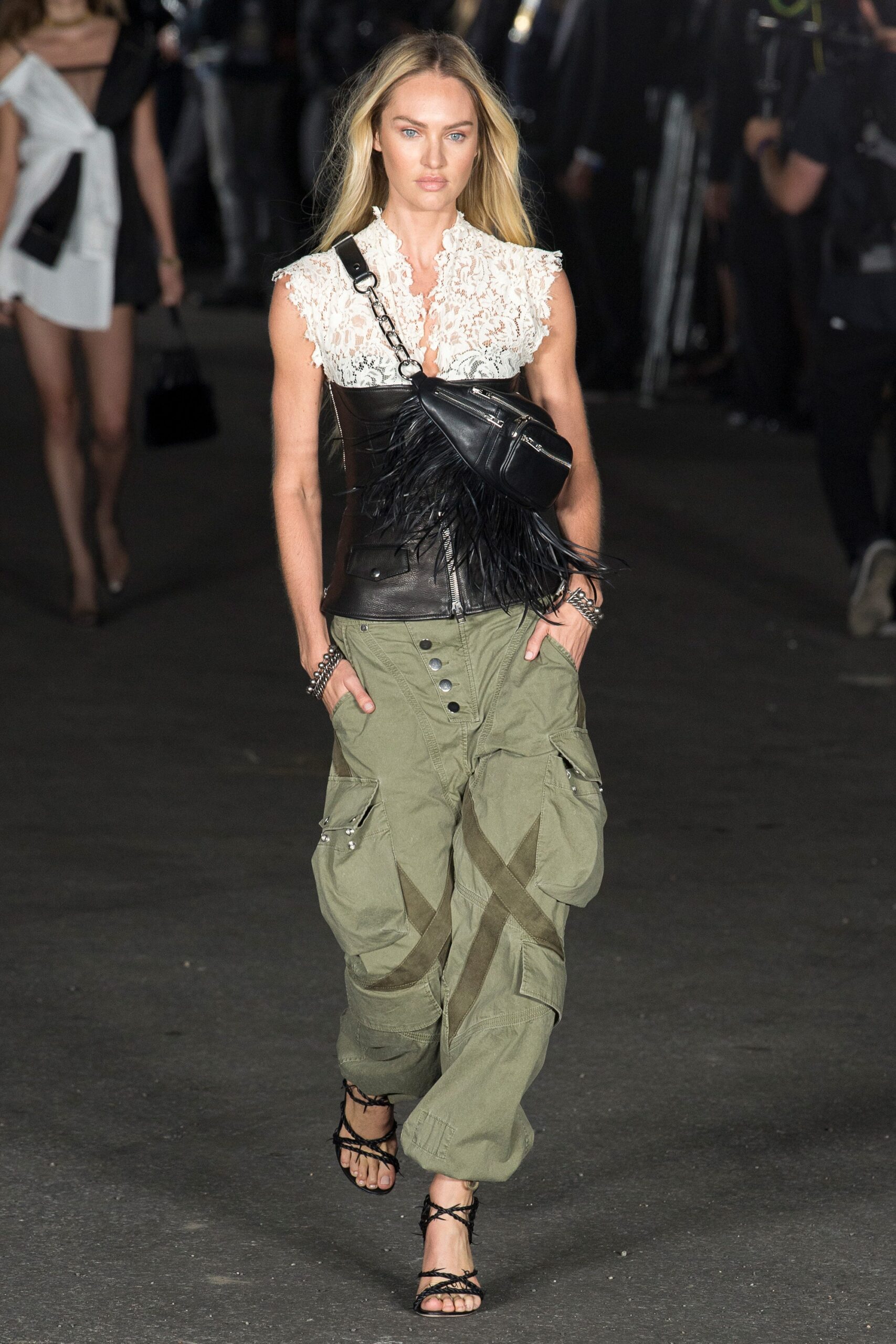 white lace blouse black corset green cargo pants