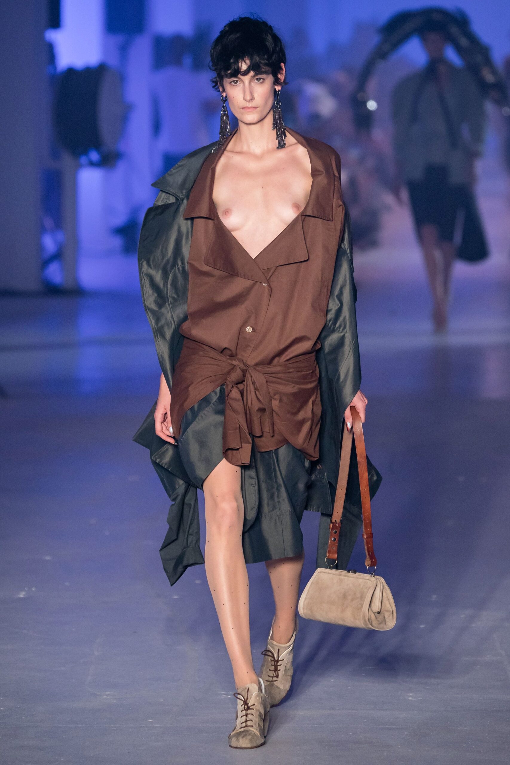 brown silk midi dress with green coat