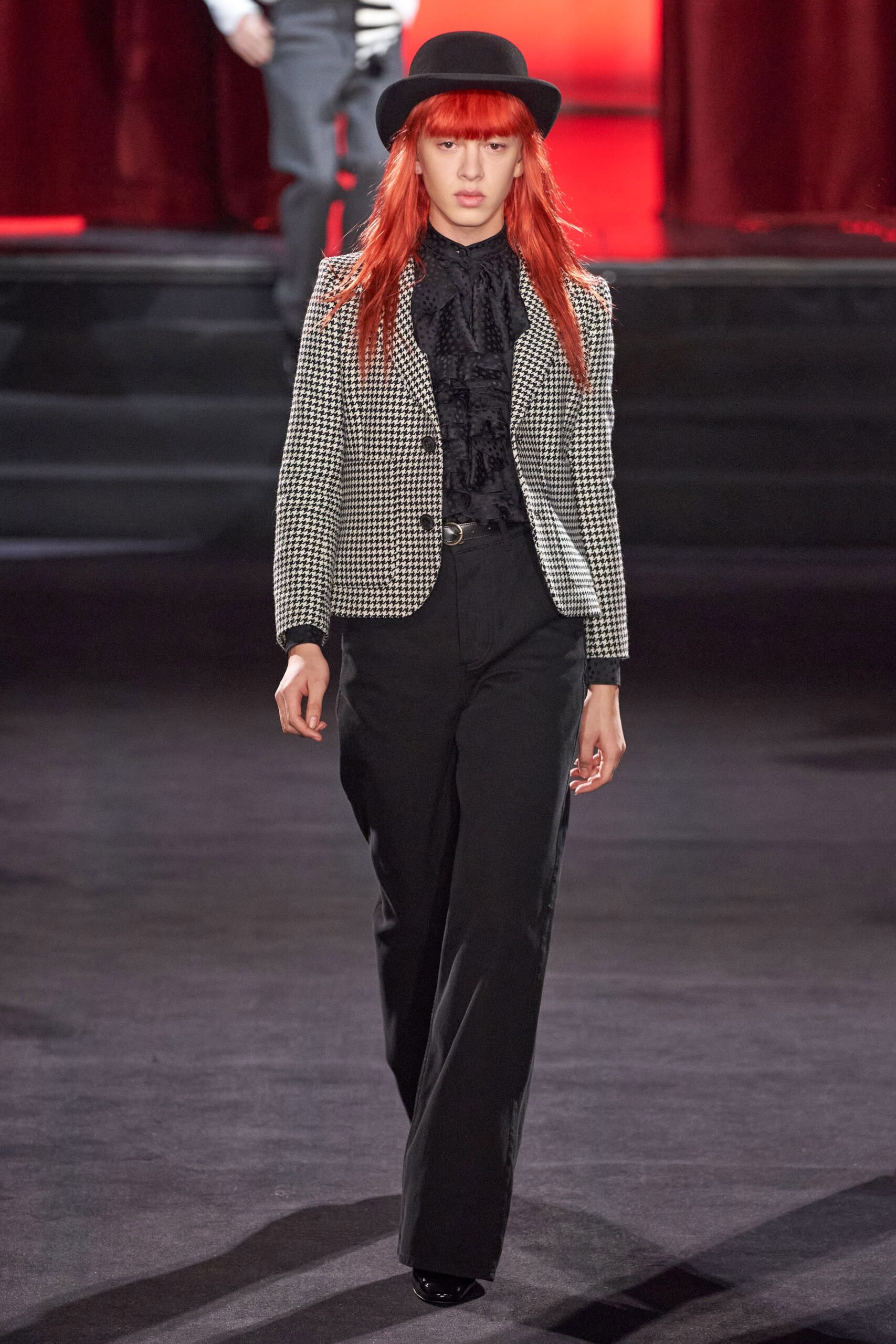black and white checked blazer with relaxed pants