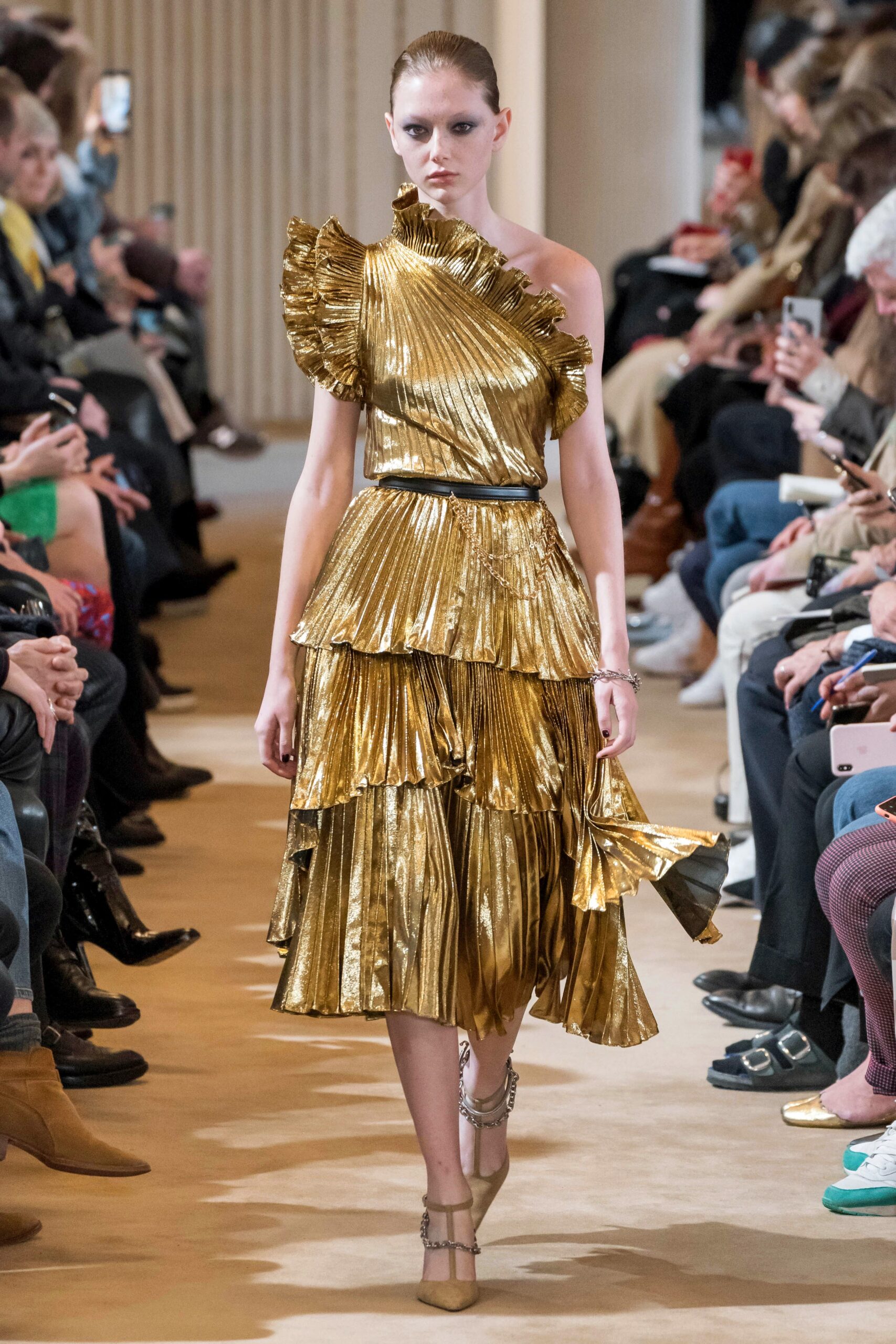 gold pleated off-shoulder dress