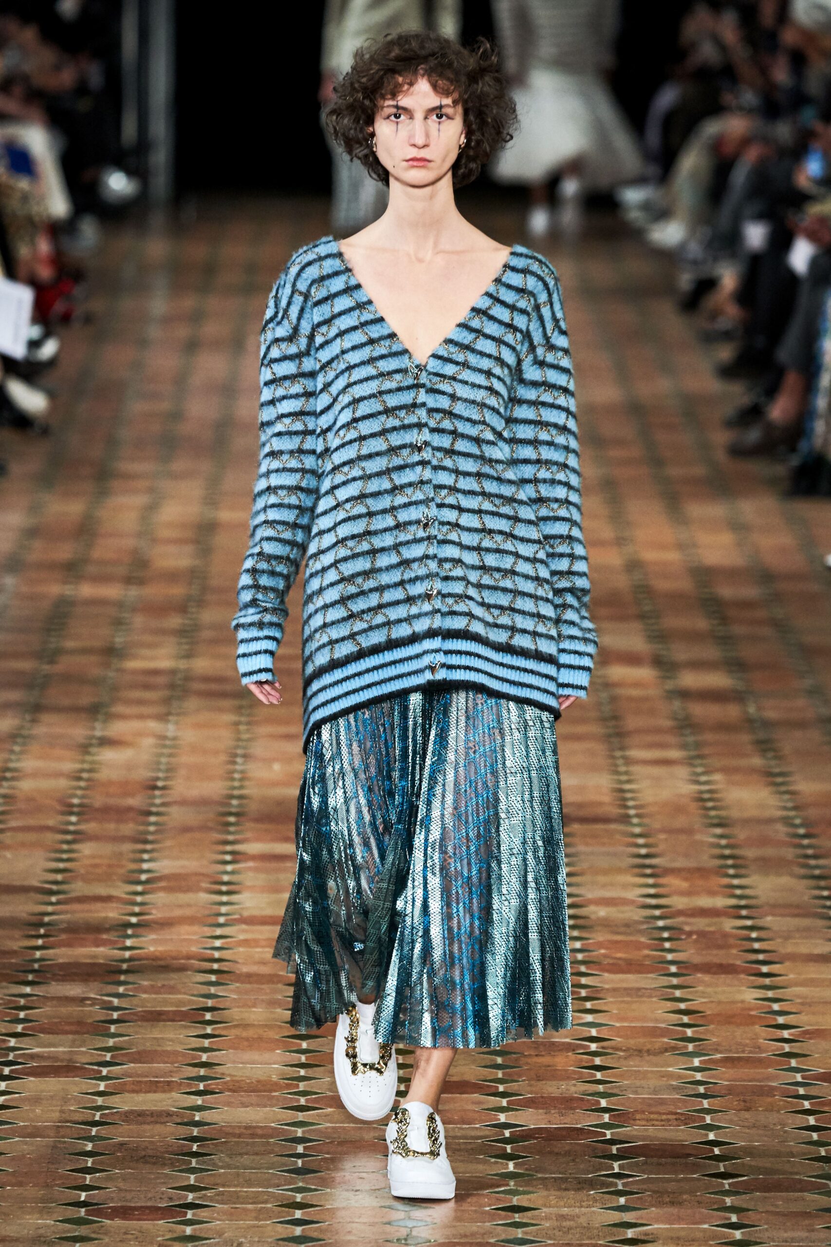 blue relaxed cardigan and pleated midi skirt