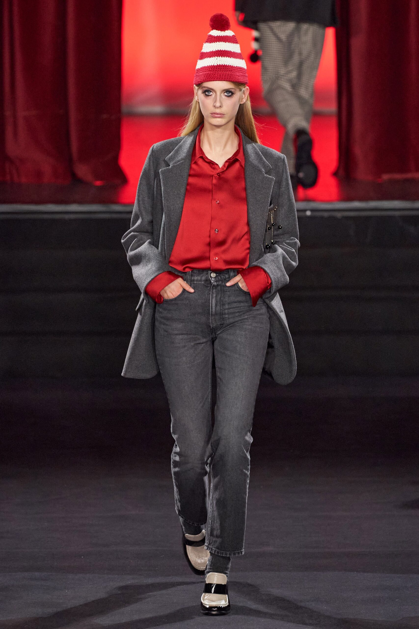 gray blazer red shirt gray pants