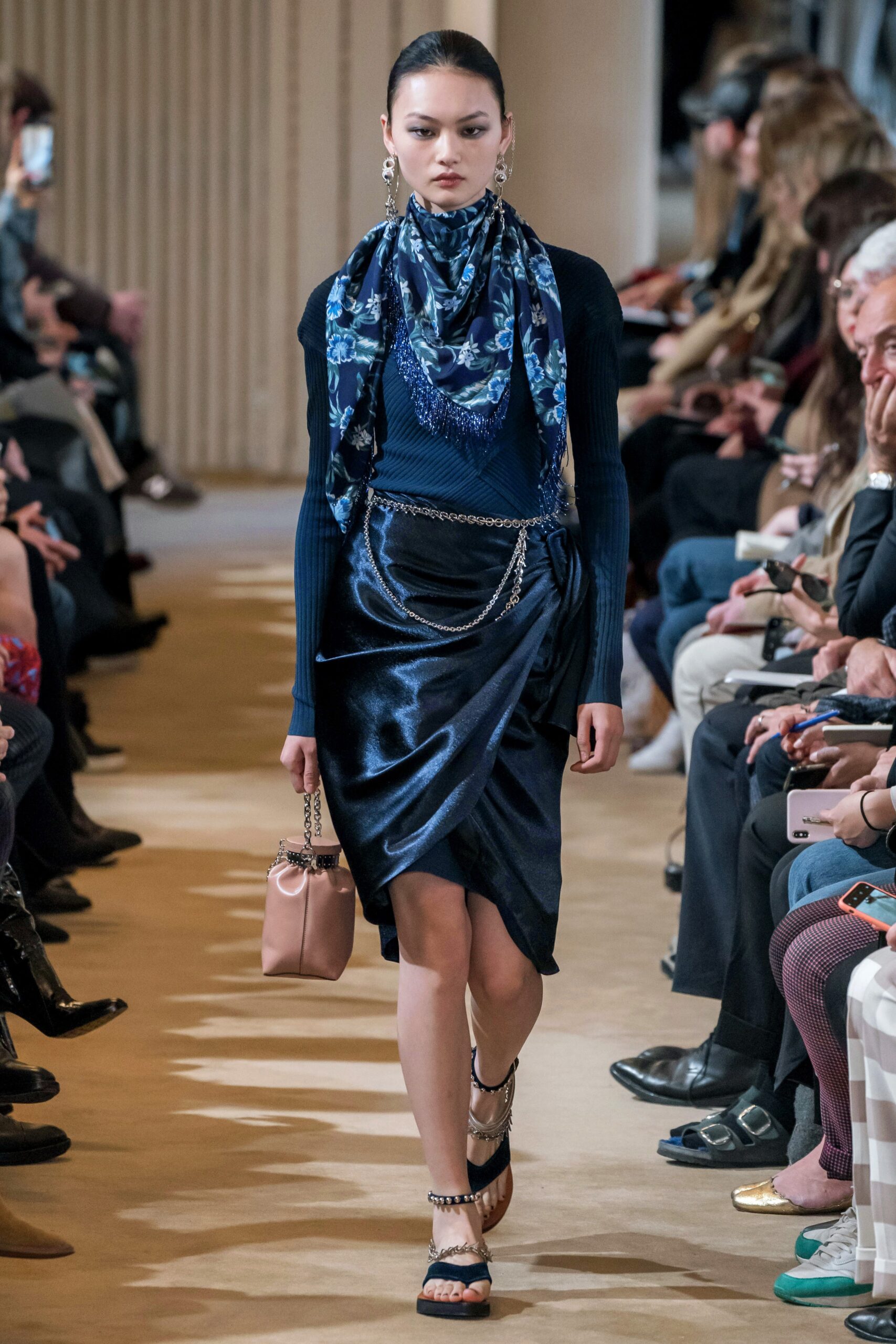 blue silk asymmetric fitted draped skirt