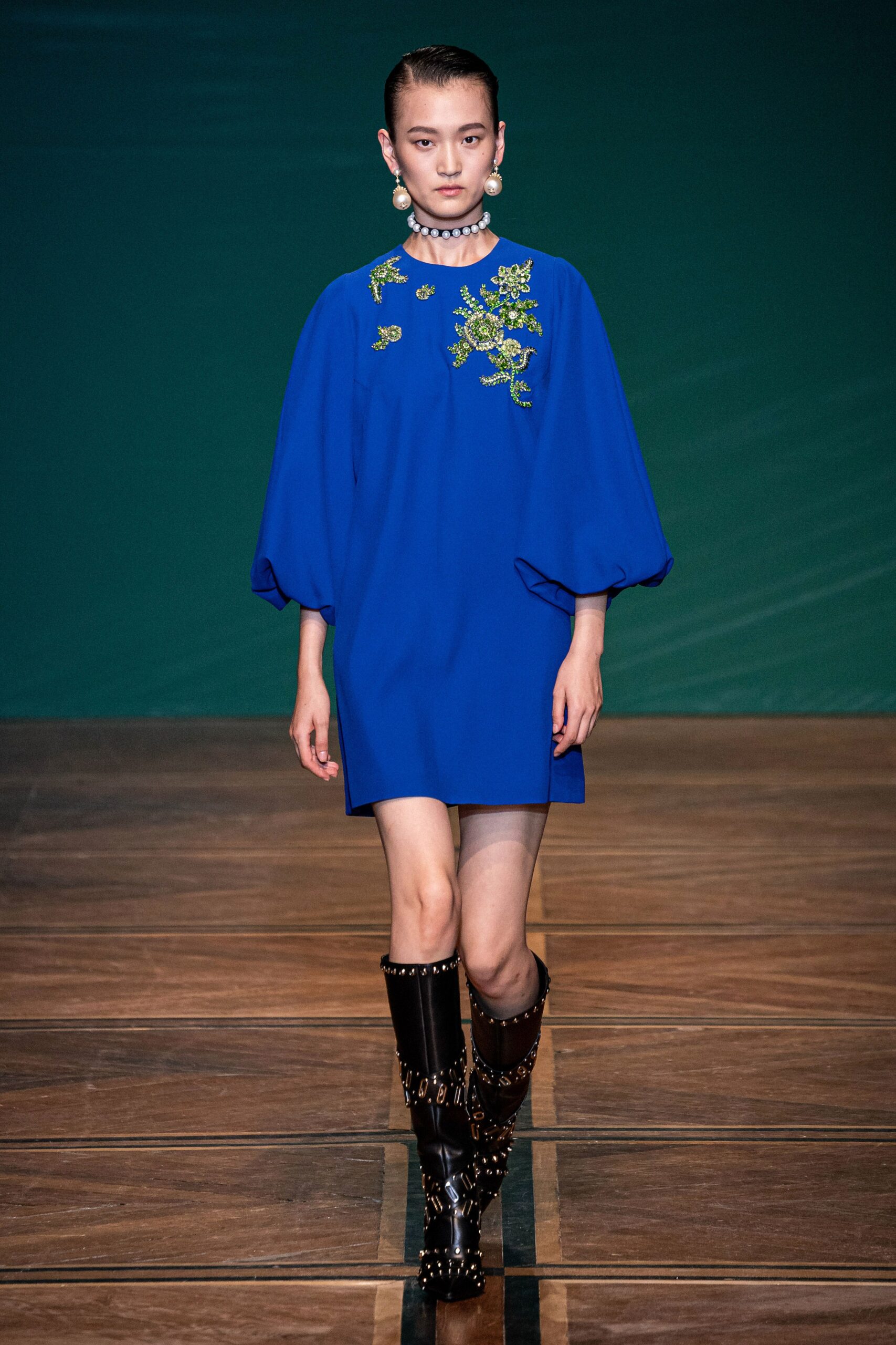 blue embroidered short dress with boots