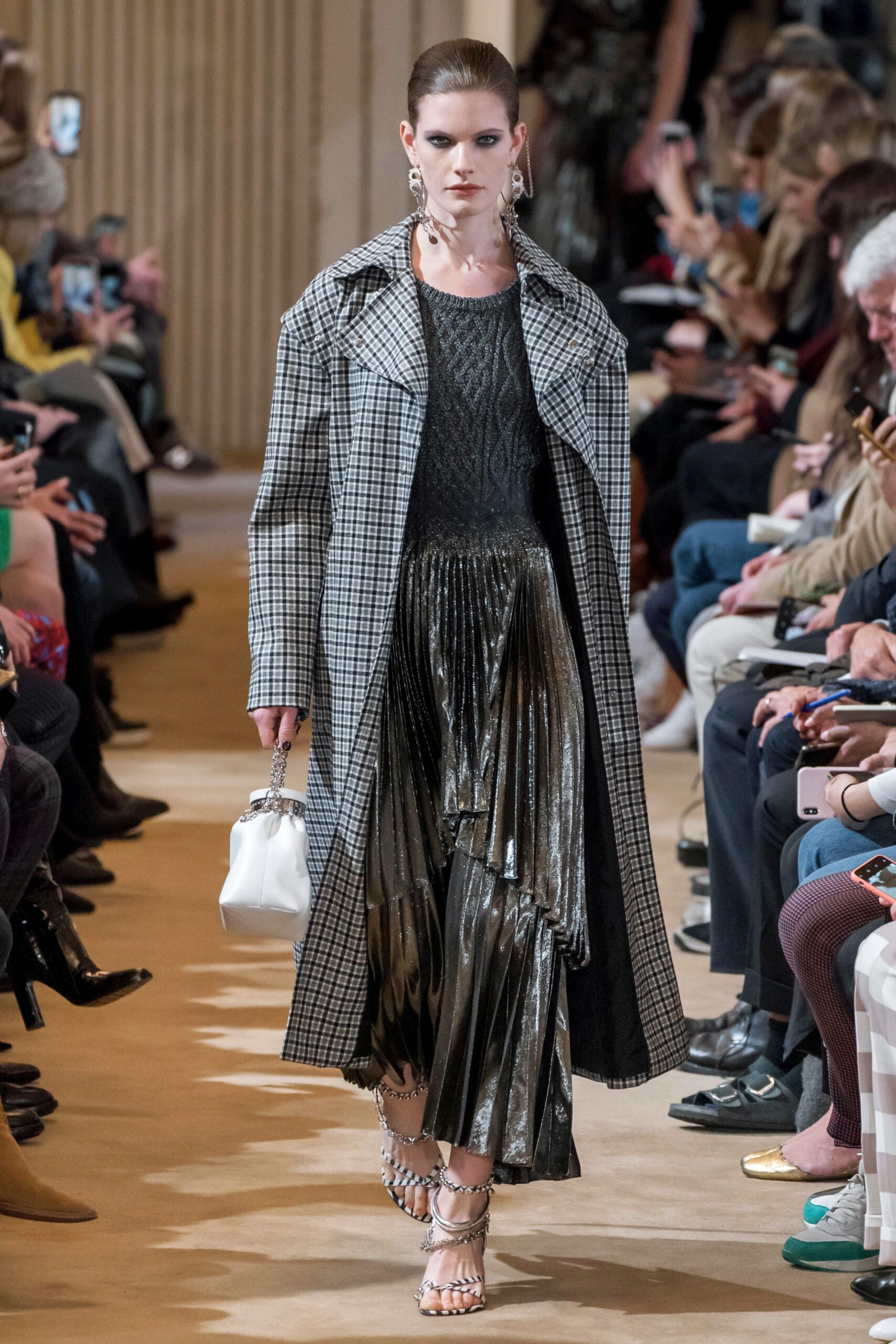 black wool long-sleeve collared relaxed checked coat